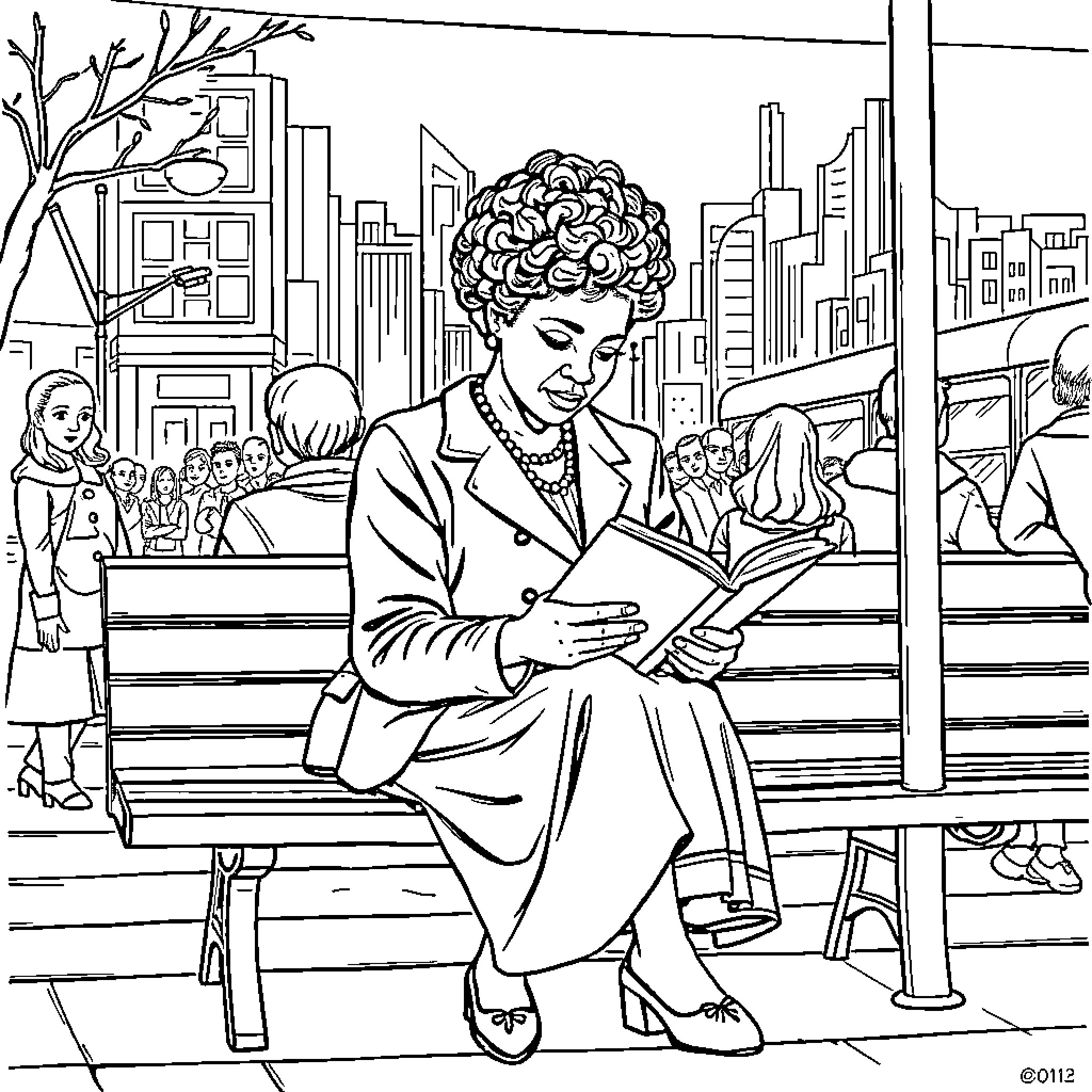 Rosa Parks' historic act of civil disobedience Coloring Page (free black-and-white line drawing printable PDF for all, from beginners to advanced learners, including children, teens, adults, and seniors)