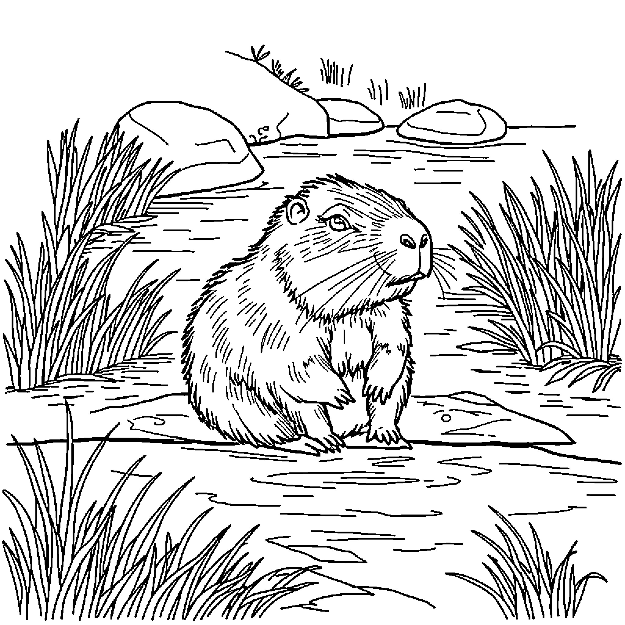 Capybara relaxing in the natural environment Coloring Page (free black-and-white line drawing printable PDF for all, from beginners to advanced learners, including children, teens, adults, and seniors)