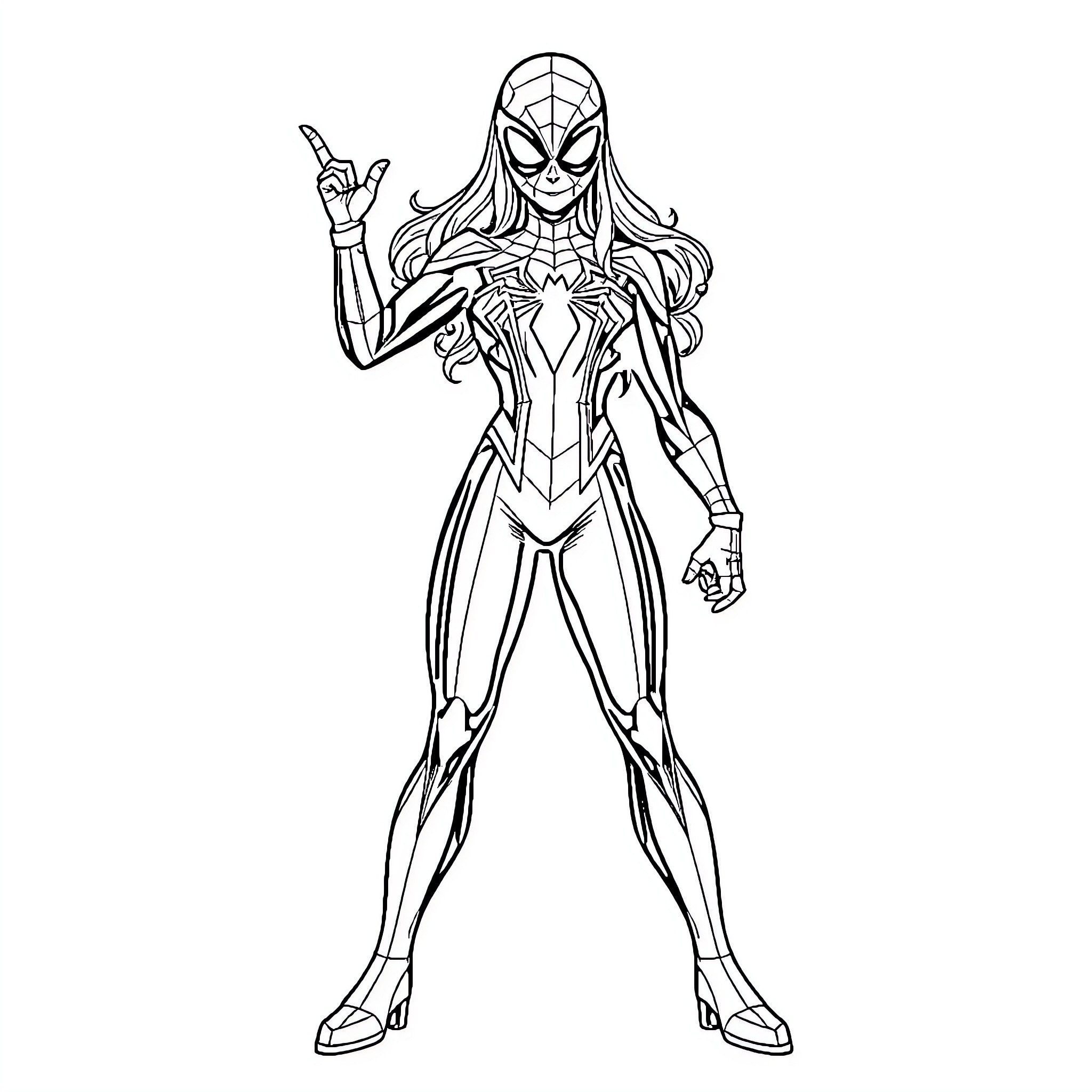 Spidergirl striking a heroic pose Coloring Page (free black-and-white line drawing printable PDF for all, from beginners to advanced learners, including children, teens, adults, and seniors)