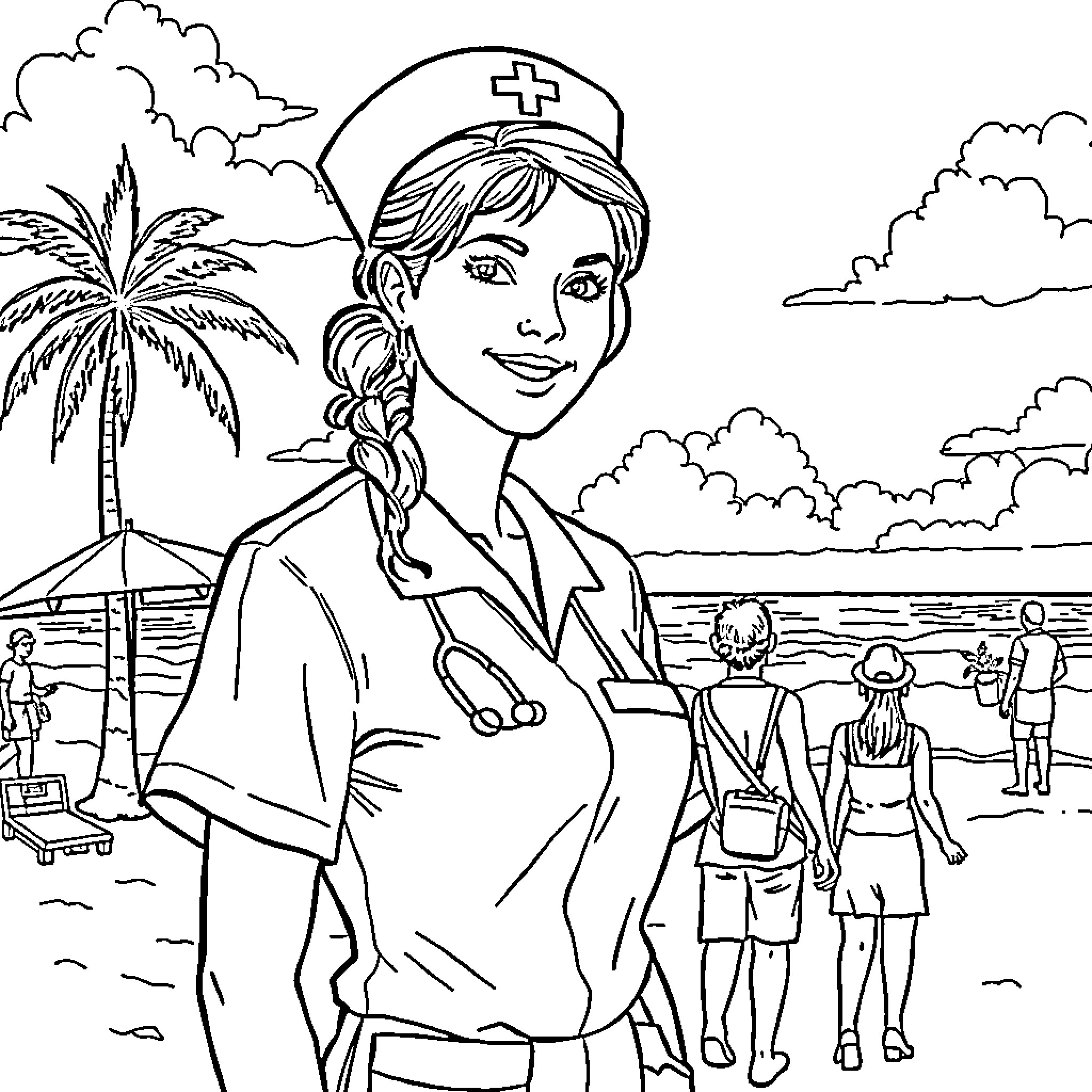 Nurse Assisting Patients at the Beach Coloring Page (free black-and-white line drawing printable PDF for all, from beginners to advanced learners, including children, teens, adults, and seniors)