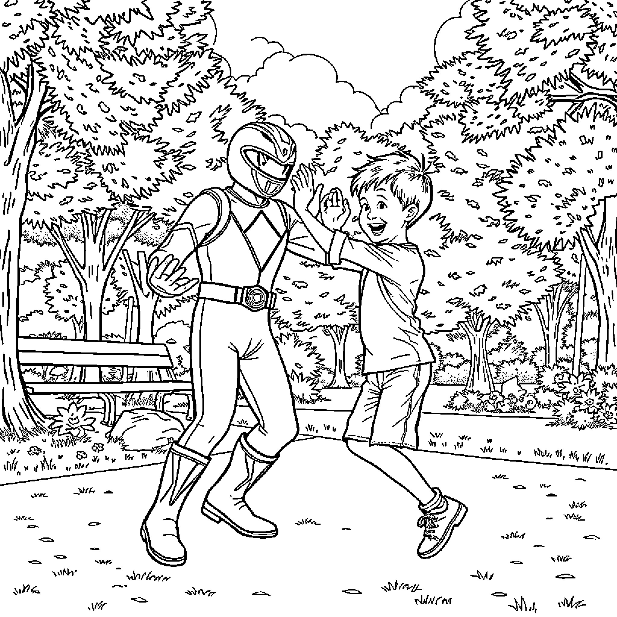 Power Ranger Assisting Young Child in the Forest Coloring Page (free black-and-white line drawing printable PDF for all, from beginners to advanced learners, including children, teens, adults, and seniors)