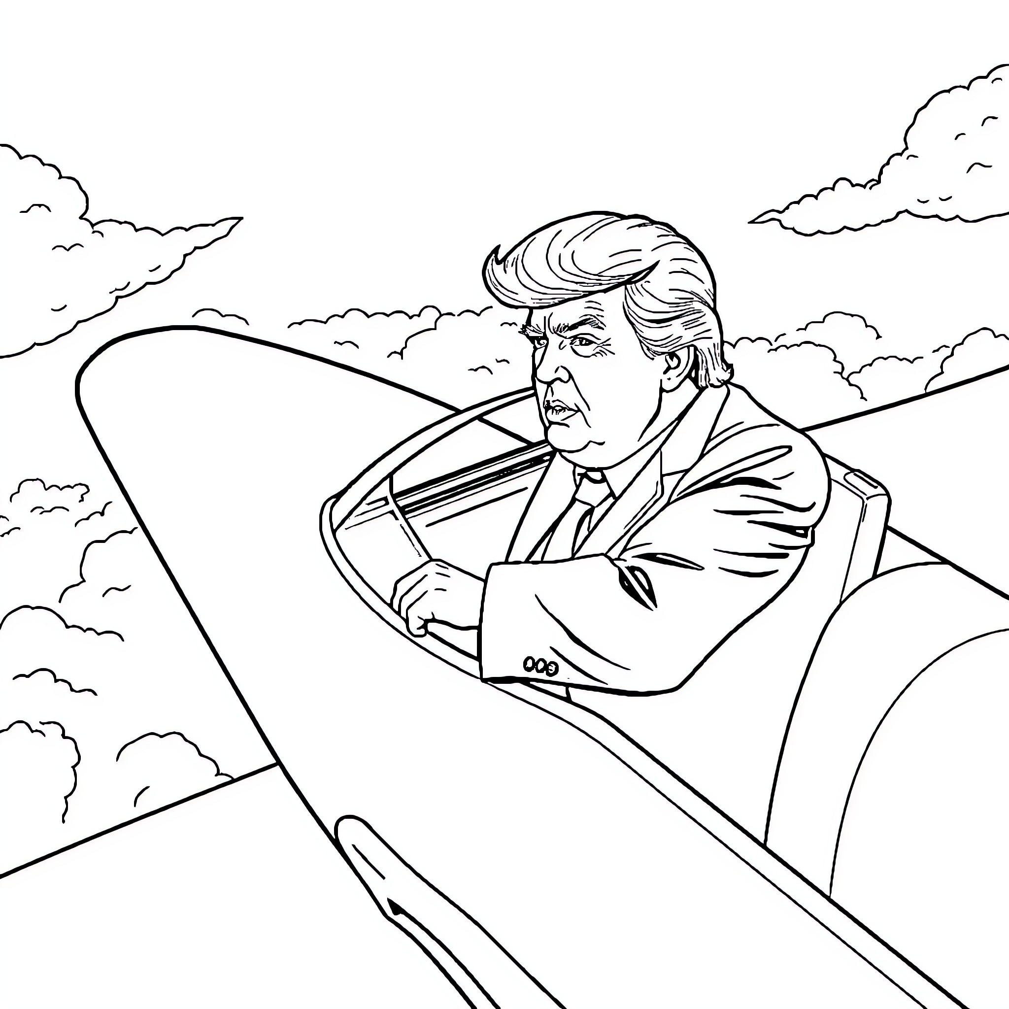 Donald Trump riding a small aircraft through the clouds Coloring Page (free black-and-white line drawing printable PDF for all, from beginners to advanced learners, including children, teens, adults, and seniors)