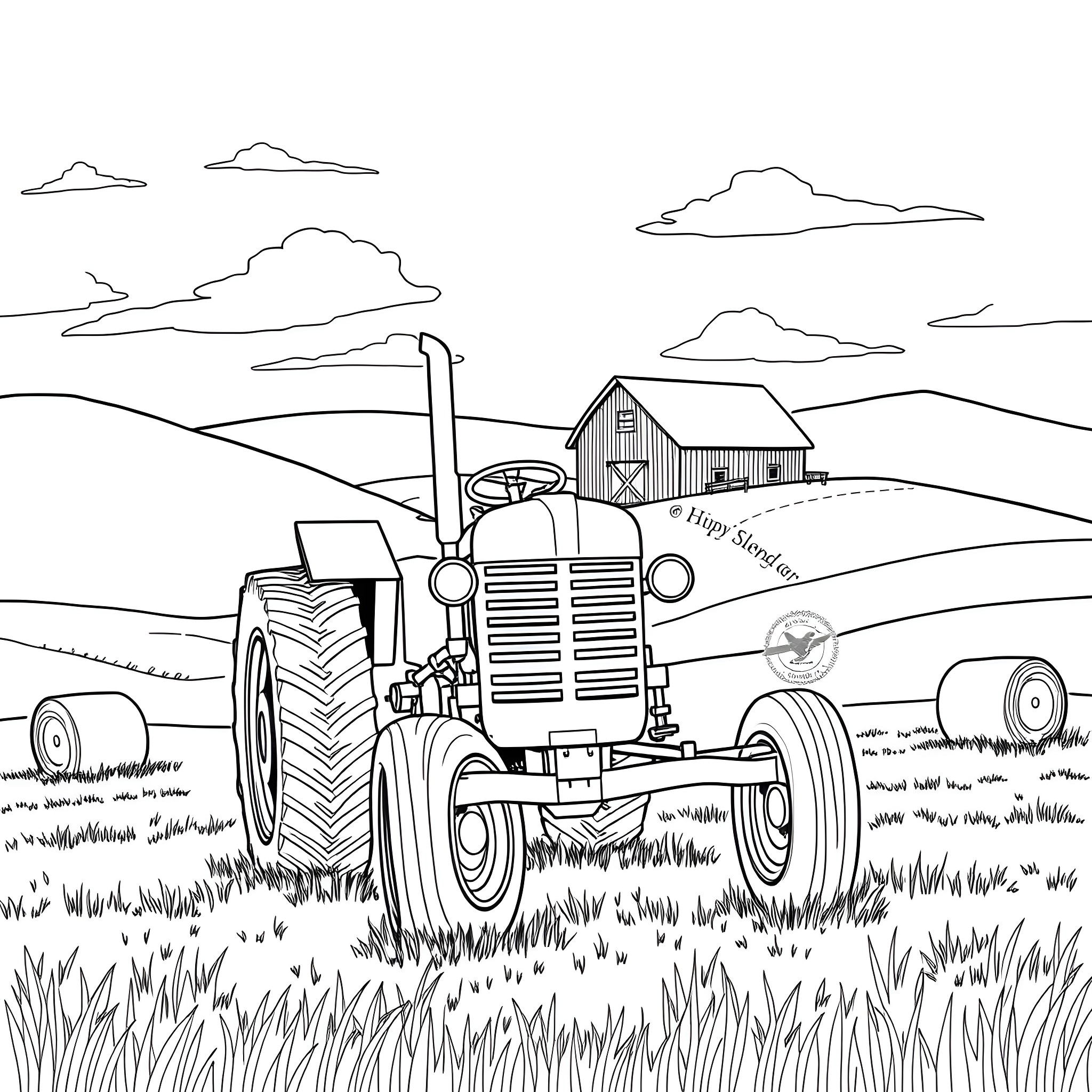 Tractor working in a rural countryside landscape Coloring Page (free black-and-white line drawing printable PDF for all, from beginners to advanced learners, including children, teens, adults, and seniors)