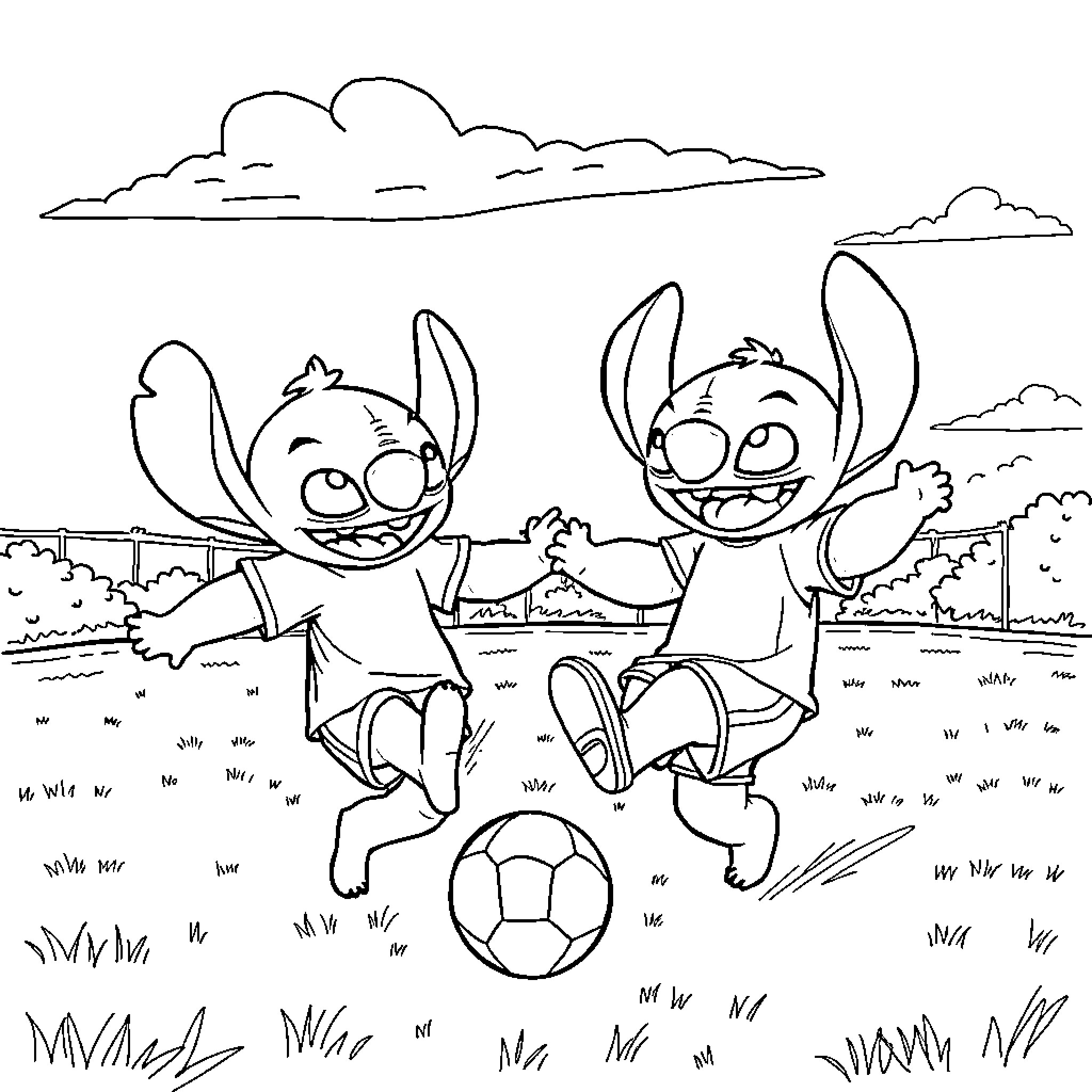Bluey and Stitch playing together joyfully Coloring Page (free black-and-white line drawing printable PDF for all, from beginners to advanced learners, including children, teens, adults, and seniors)