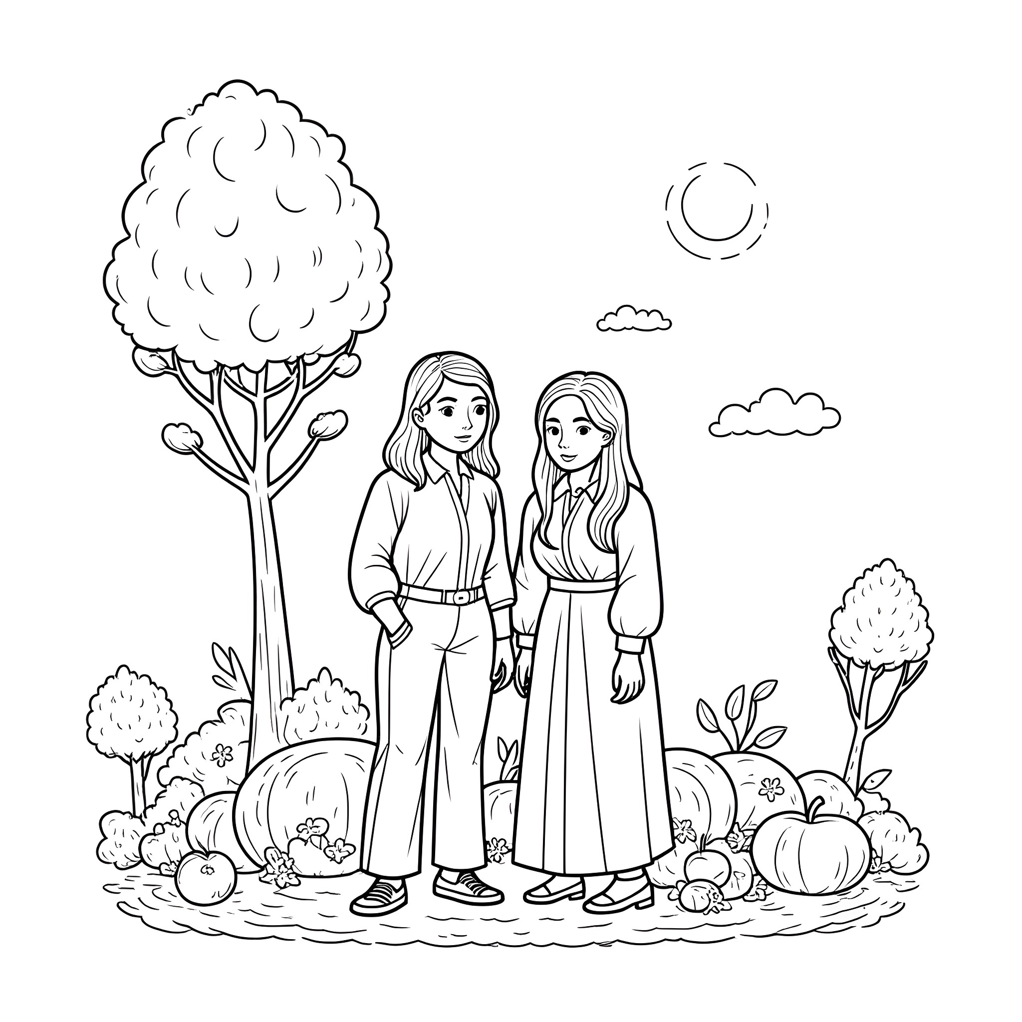 Sisters enjoying nature's beauty outdoors Coloring Page (free black-and-white line drawing printable PDF for all, from beginners to advanced learners, including children, teens, adults, and seniors)