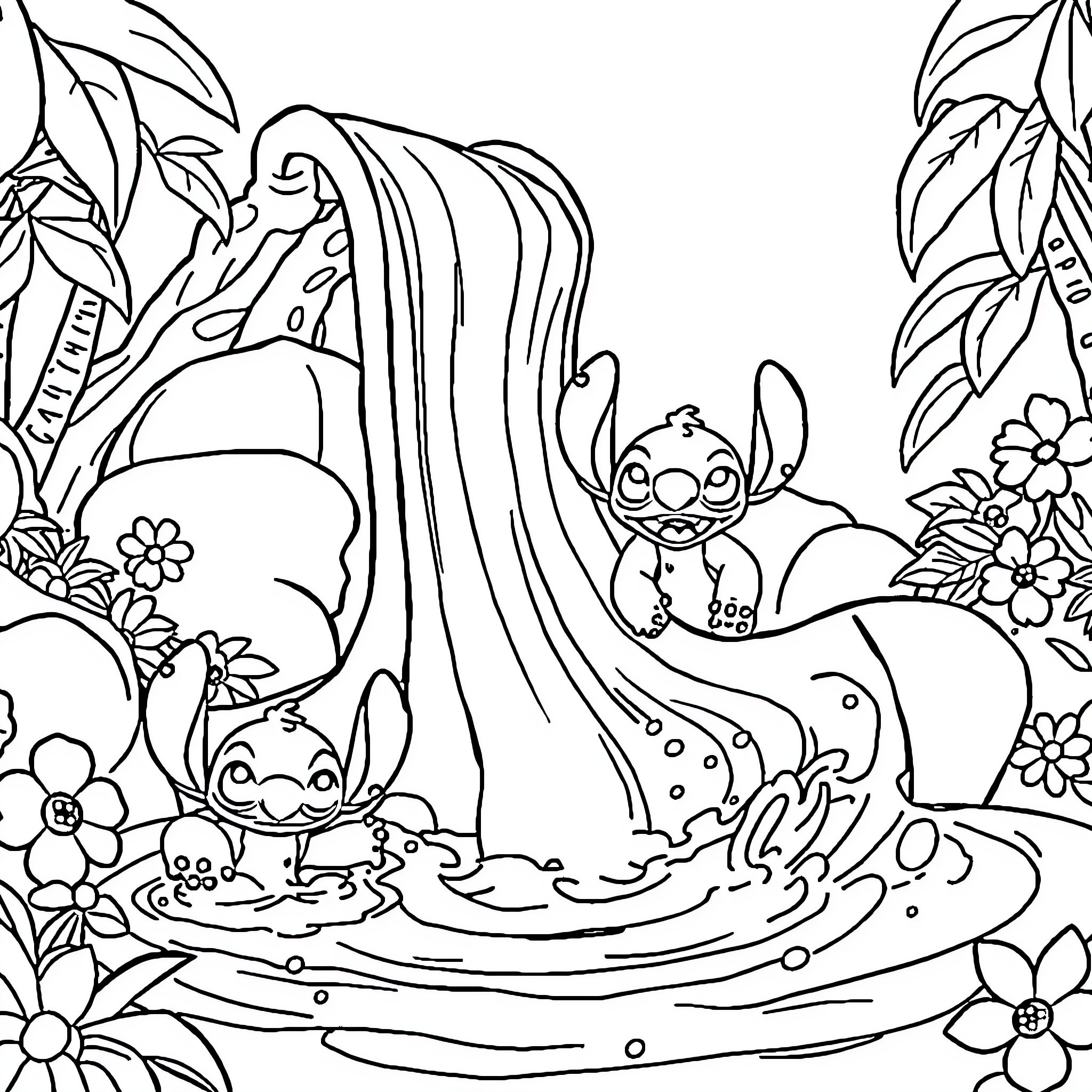 Lilo playing with friends in the enchanted jungle Coloring Page (free black-and-white line drawing printable PDF for all, from beginners to advanced learners, including children, teens, adults, and seniors)