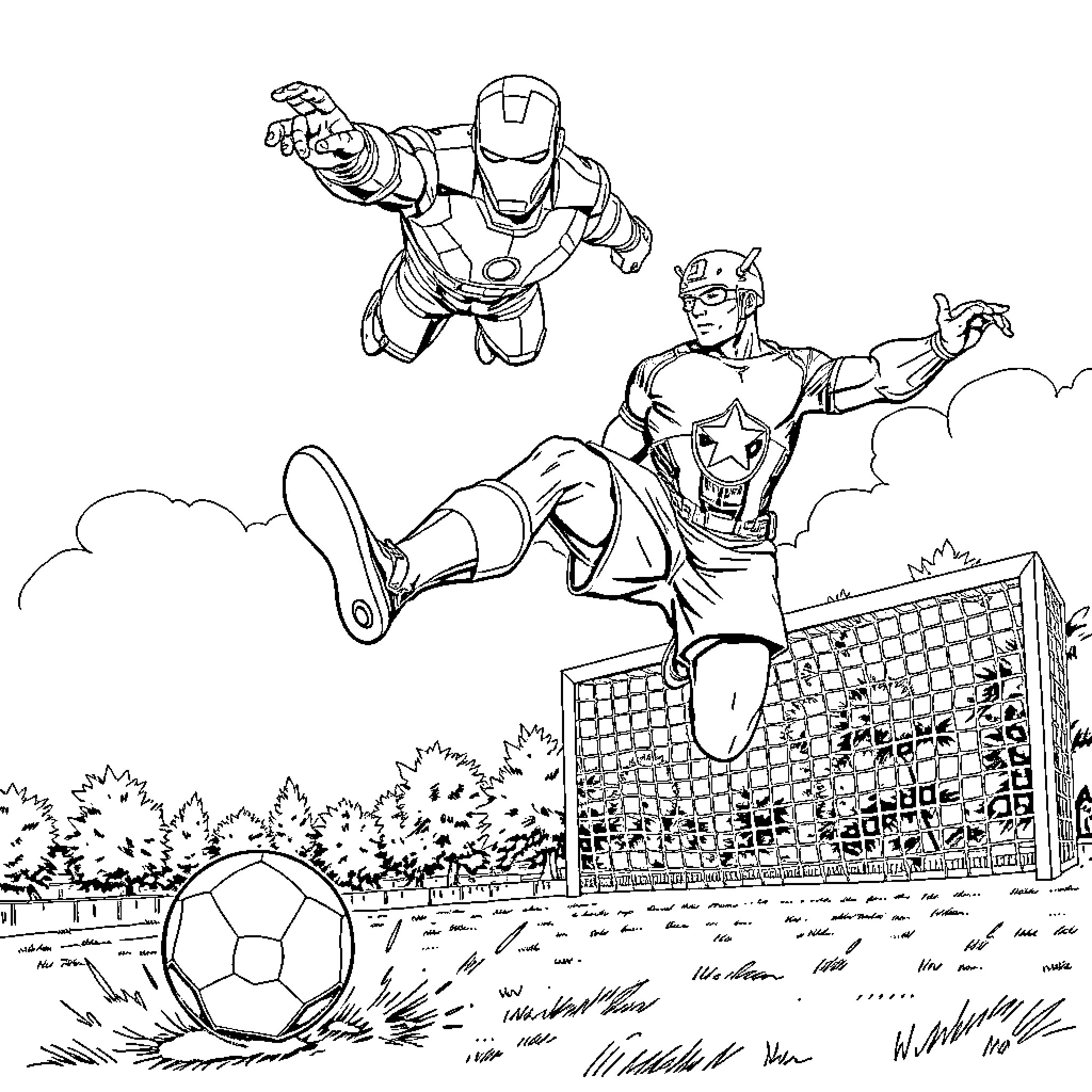 Captain America and Iron Man playing soccer in the park Coloring Page (free black-and-white line drawing printable PDF for all, from beginners to advanced learners, including children, teens, adults, and seniors)