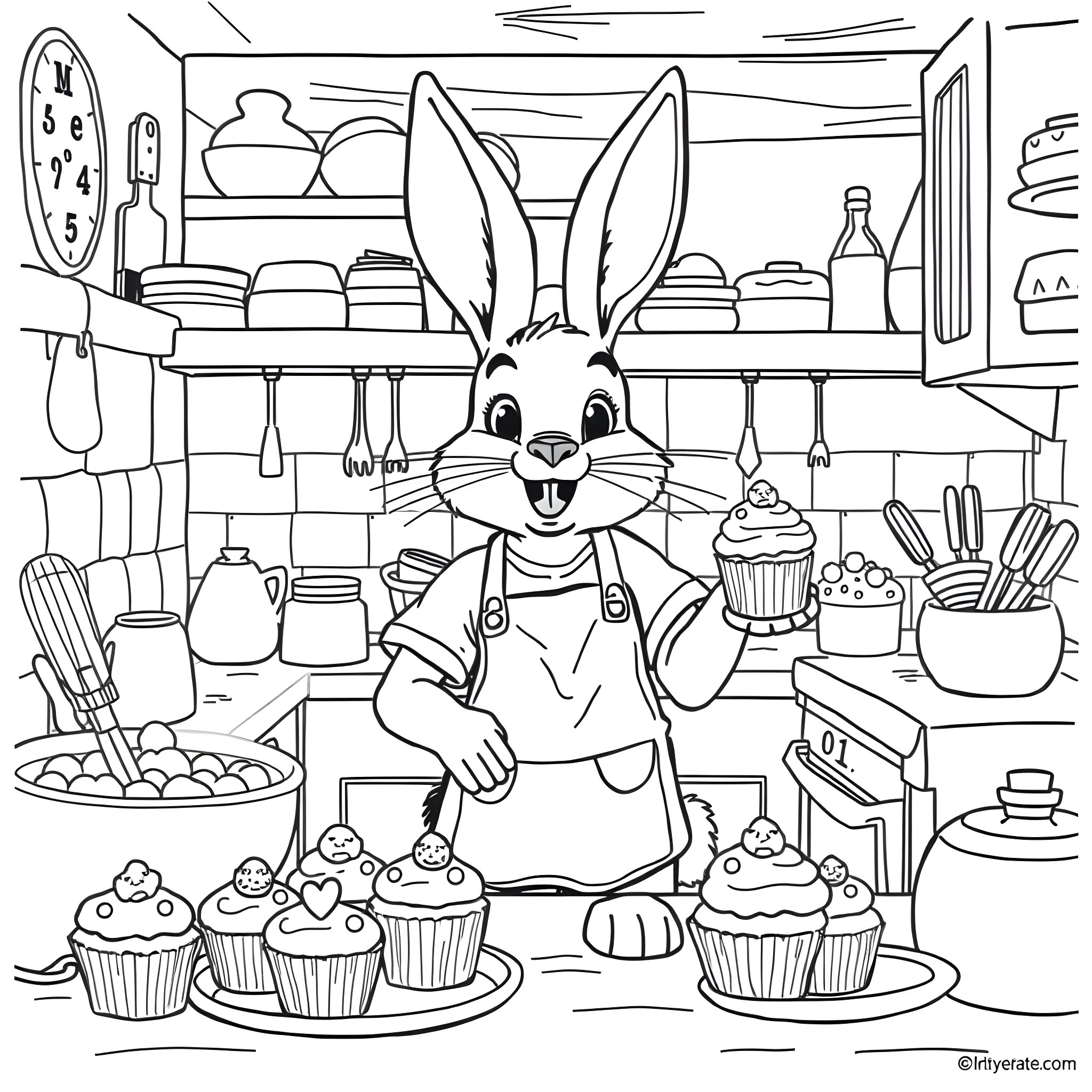 Bunny Baking Delightful Cupcakes in the Kitchen Coloring Page (free black-and-white line drawing printable PDF for all, from beginners to advanced learners, including children, teens, adults, and seniors)