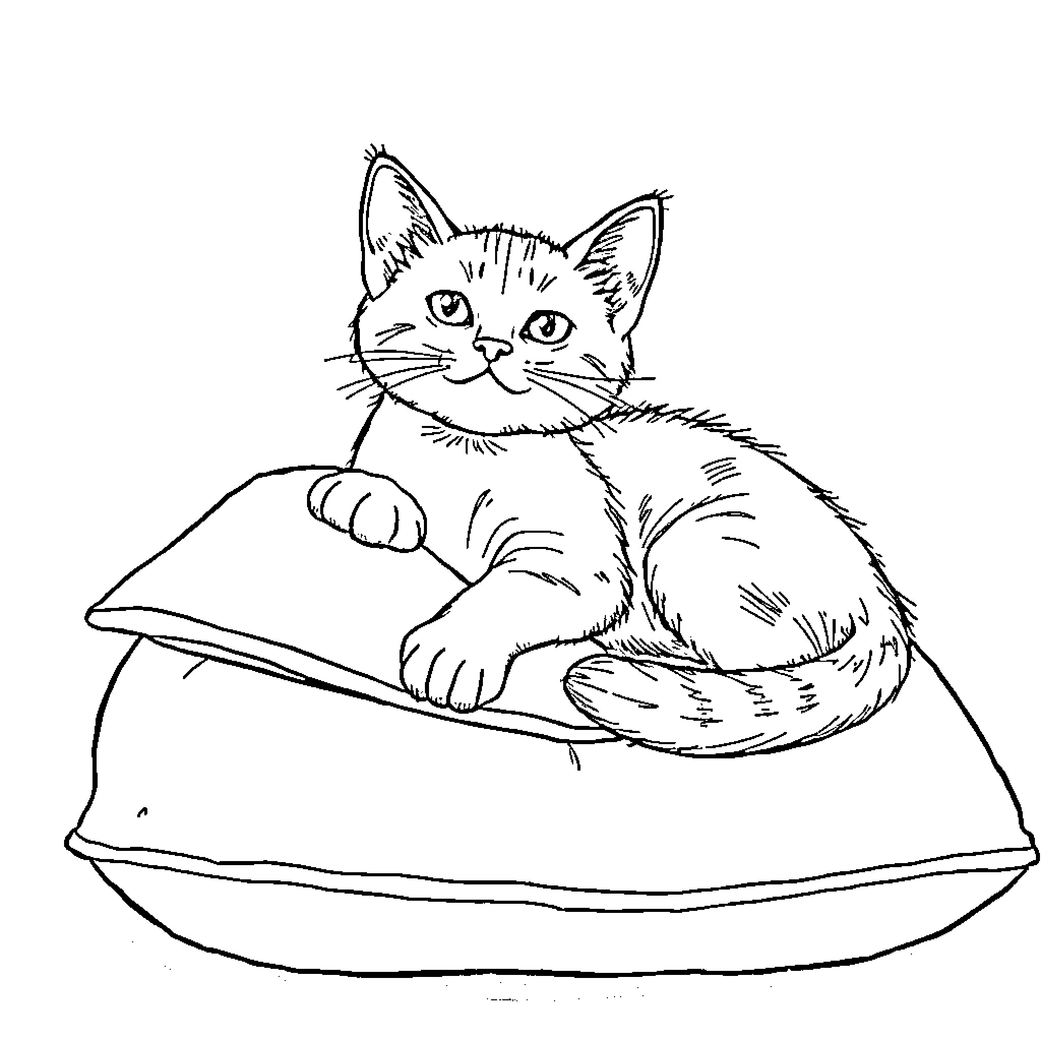 Cat lounging comfortably on a pillow Coloring Page (free black-and-white line drawing printable PDF for all, from beginners to advanced learners, including children, teens, adults, and seniors)