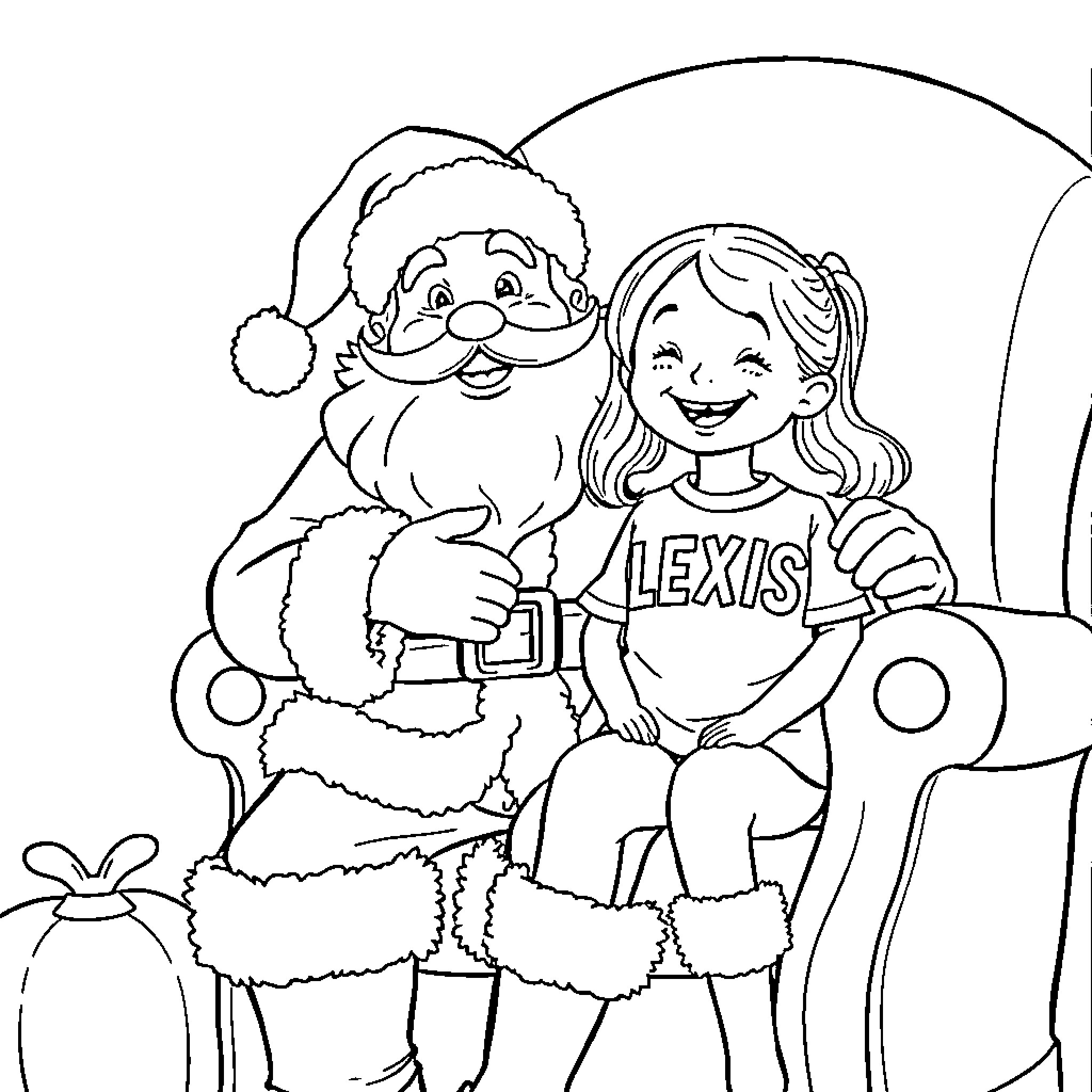 Santa and a Girl Sitting Together Happily Coloring Page (free black-and-white line drawing printable PDF for all, from beginners to advanced learners, including children, teens, adults, and seniors)