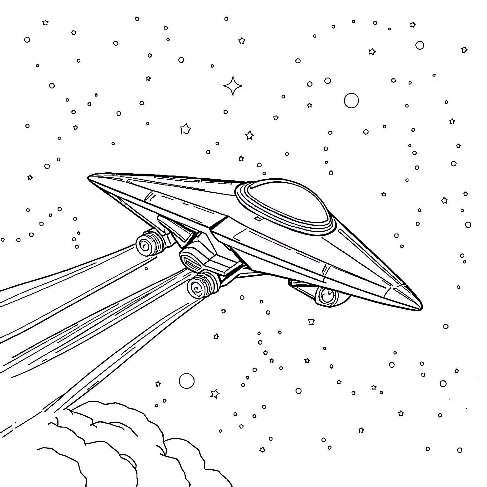 Spaceship soaring through the starry cosmos Coloring Page (free black-and-white line drawing printable PDF for all, from beginners to advanced learners, including children, teens, adults, and seniors)