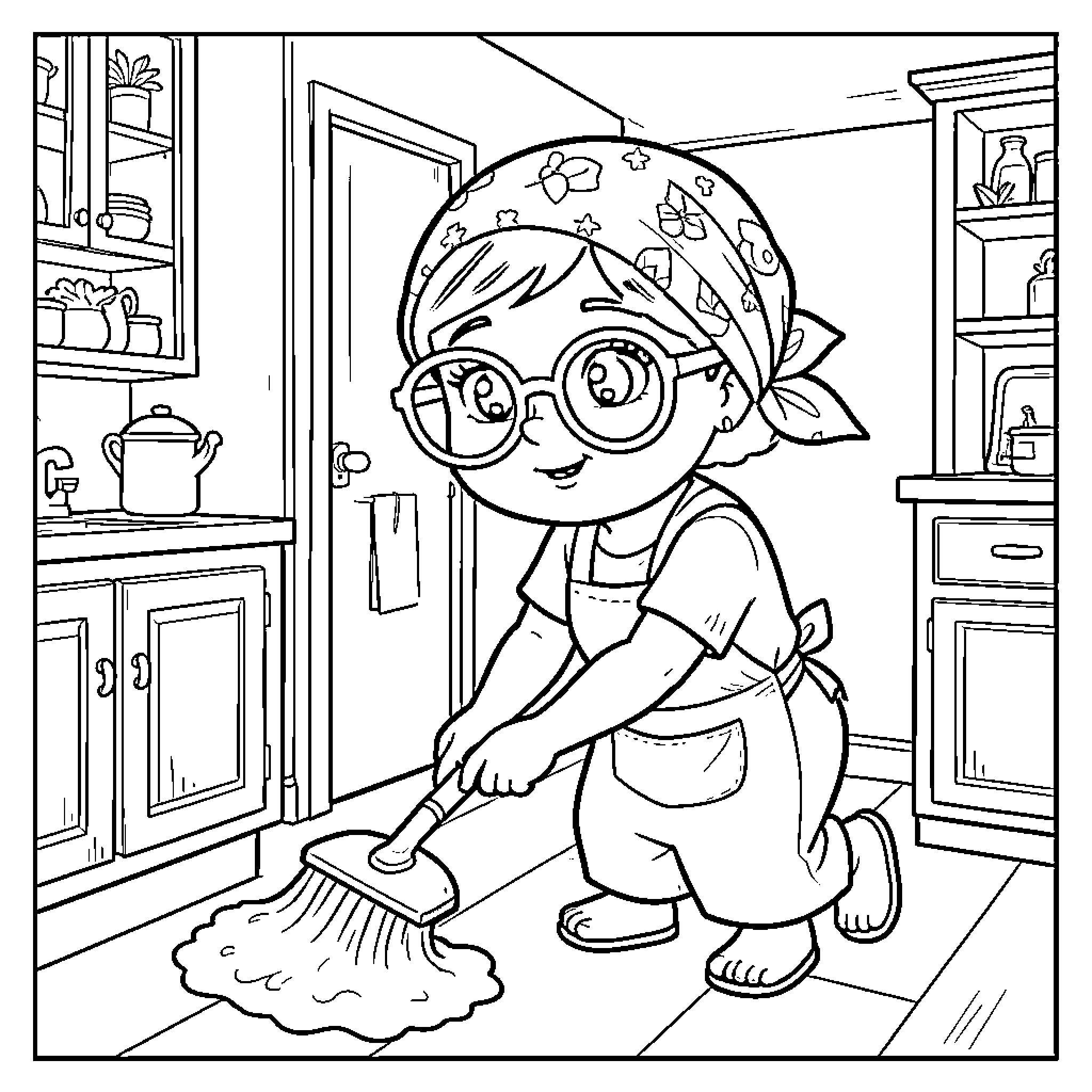Señora sweeping the kitchen floor diligently Coloring Page (free black-and-white line drawing printable PDF for all, from beginners to advanced learners, including children, teens, adults, and seniors)