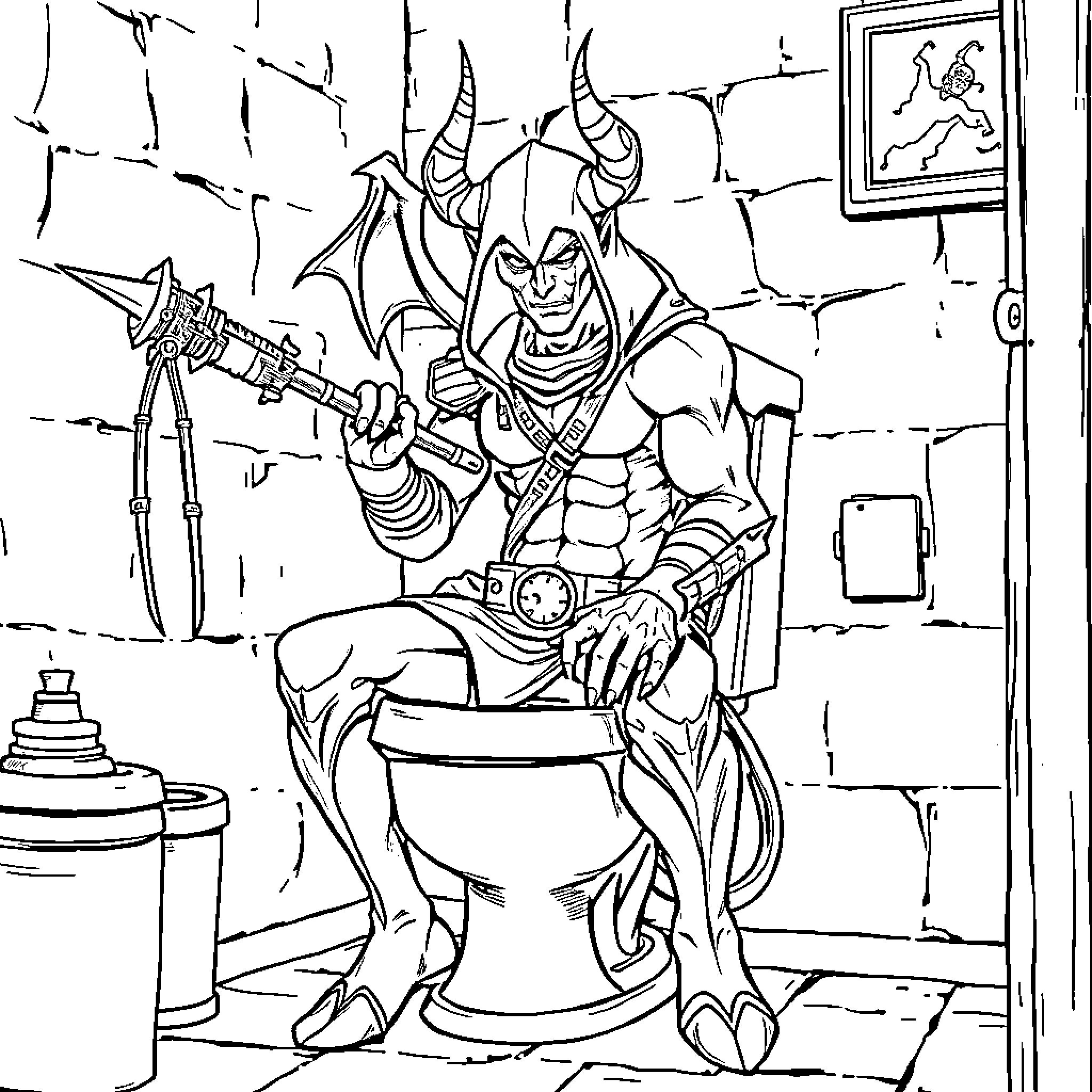 Demon Hunter Unleashing Wrath in Grungy Lair Coloring Page (free black-and-white line drawing printable PDF for all, from beginners to advanced learners, including children, teens, adults, and seniors)