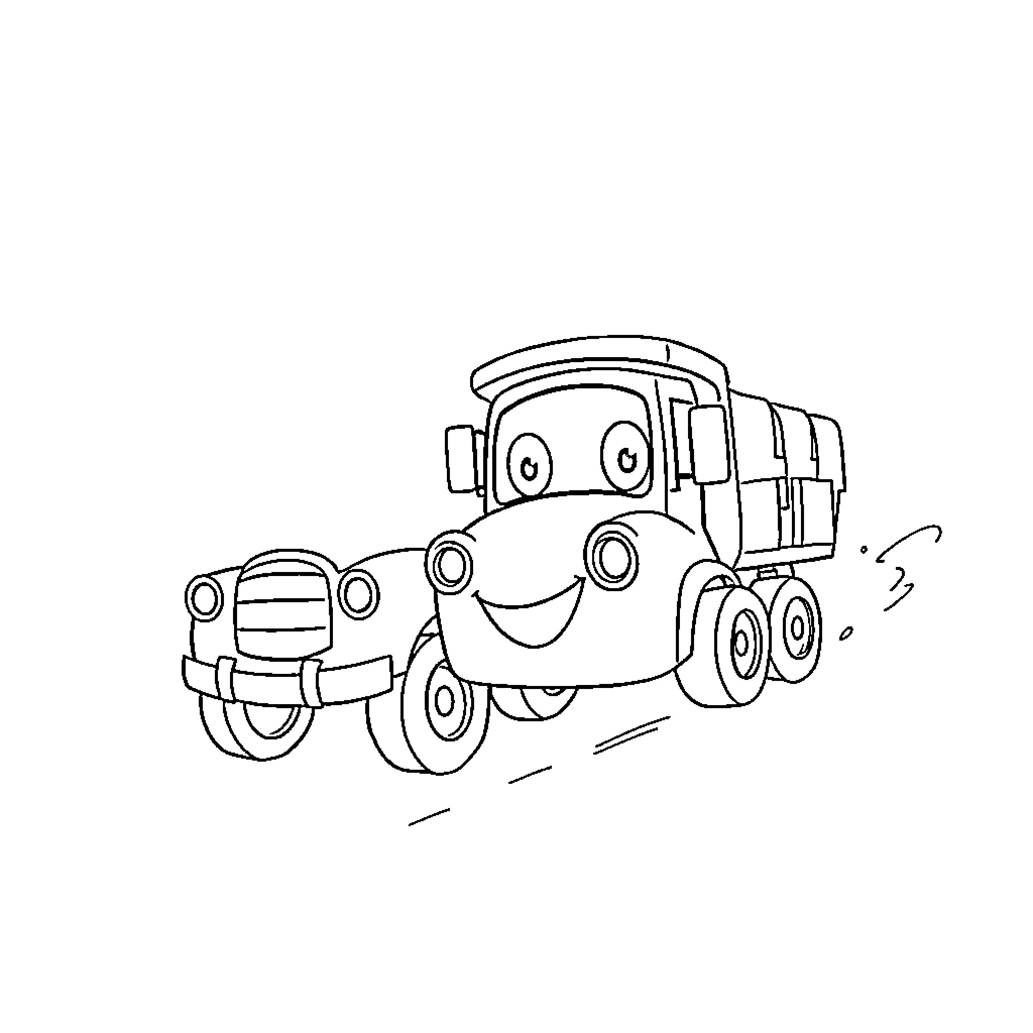 Car with Friendly Expression Hauling Trailer Coloring Page (free black-and-white line drawing printable PDF for all, from beginners to advanced learners, including children, teens, adults, and seniors)