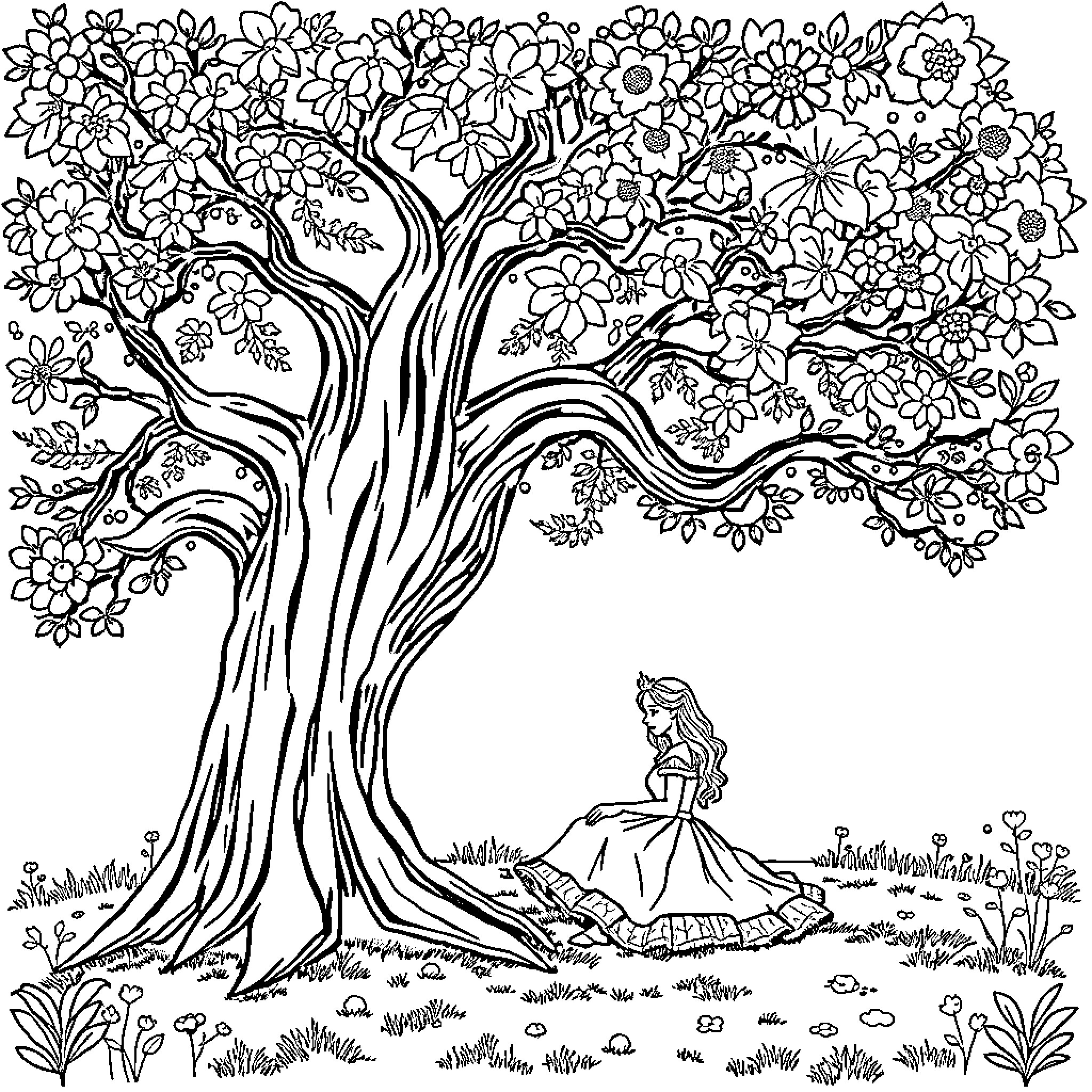 Princess sitting under the flowery tree Coloring Page (free black-and-white line drawing printable PDF for all, from beginners to advanced learners, including children, teens, adults, and seniors)