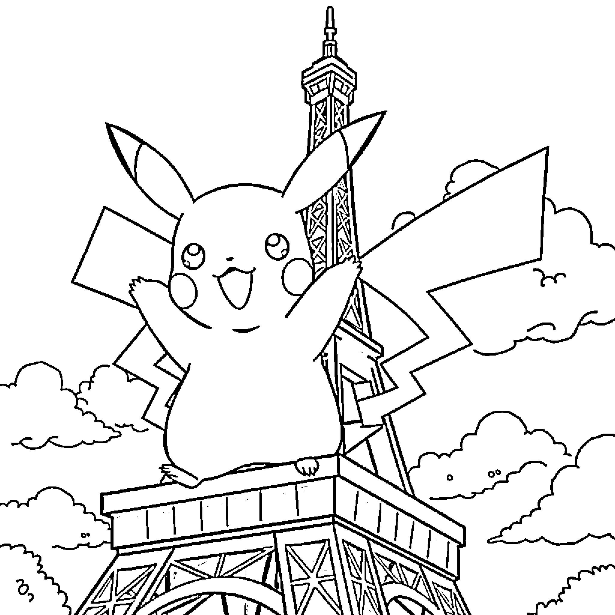 Pikachu enjoying the sights of the Eiffel Tower Coloring Page (free black-and-white line drawing printable PDF for all, from beginners to advanced learners, including children, teens, adults, and seniors)