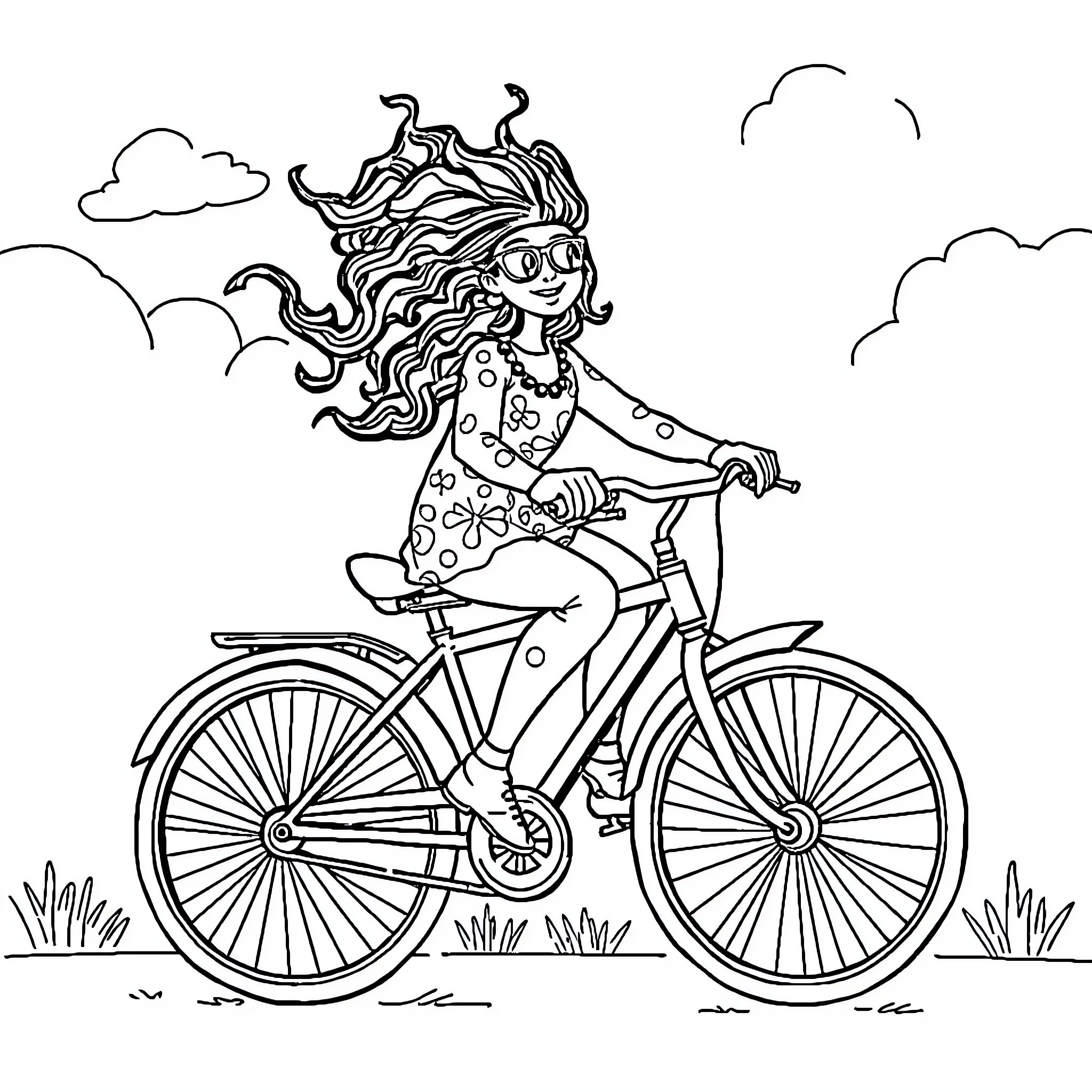 Le Graoully's joyful bicycle ride Coloring Page (free black-and-white line drawing printable PDF for all, from beginners to advanced learners, including children, teens, adults, and seniors)
