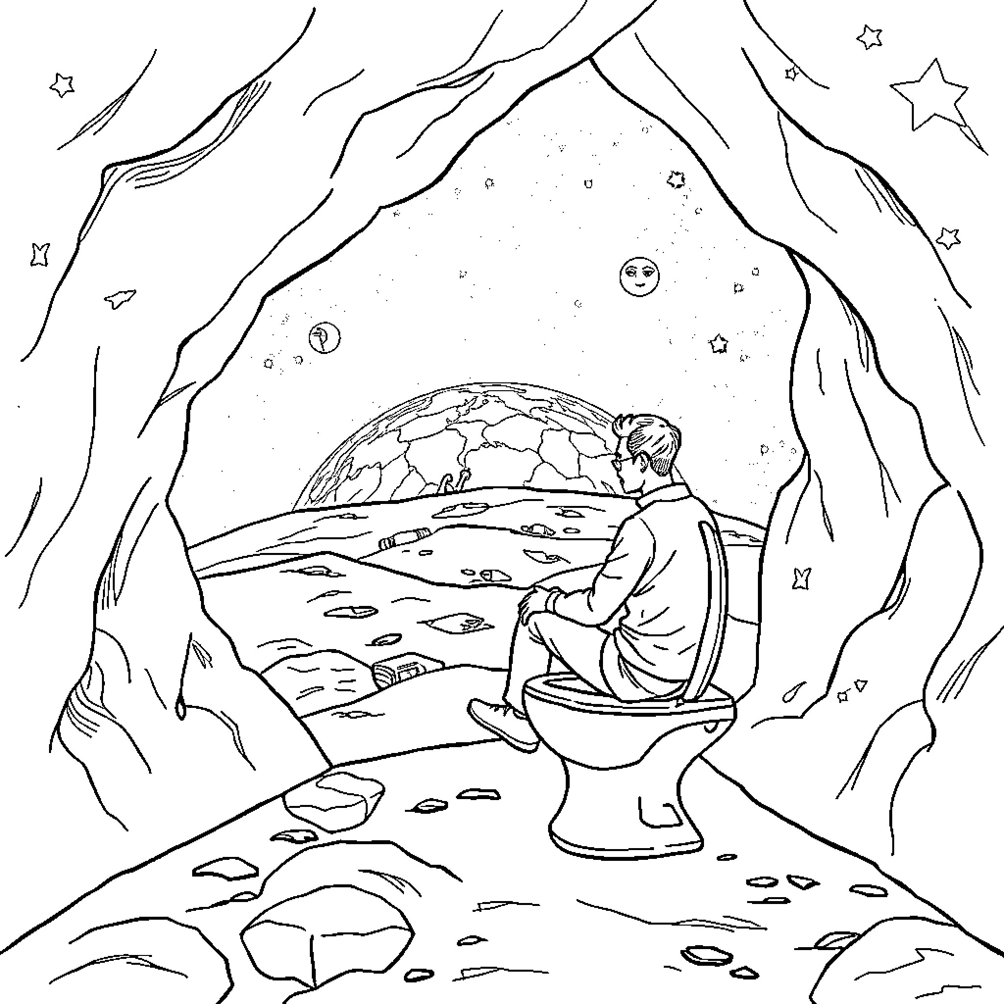 Man sitting in meditation in a mystical landscape Coloring Page (free black-and-white line drawing printable PDF for all, from beginners to advanced learners, including children, teens, adults, and seniors)