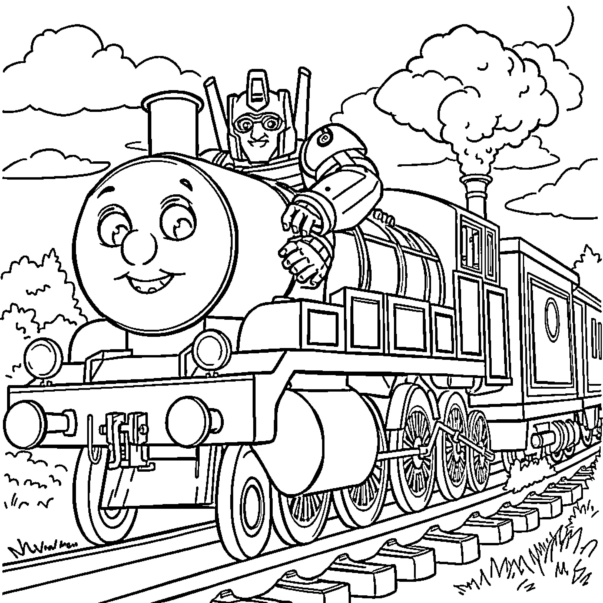Transformer train with happy expression on the tracks Coloring Page (free black-and-white line drawing printable PDF for all, from beginners to advanced learners, including children, teens, adults, and seniors)