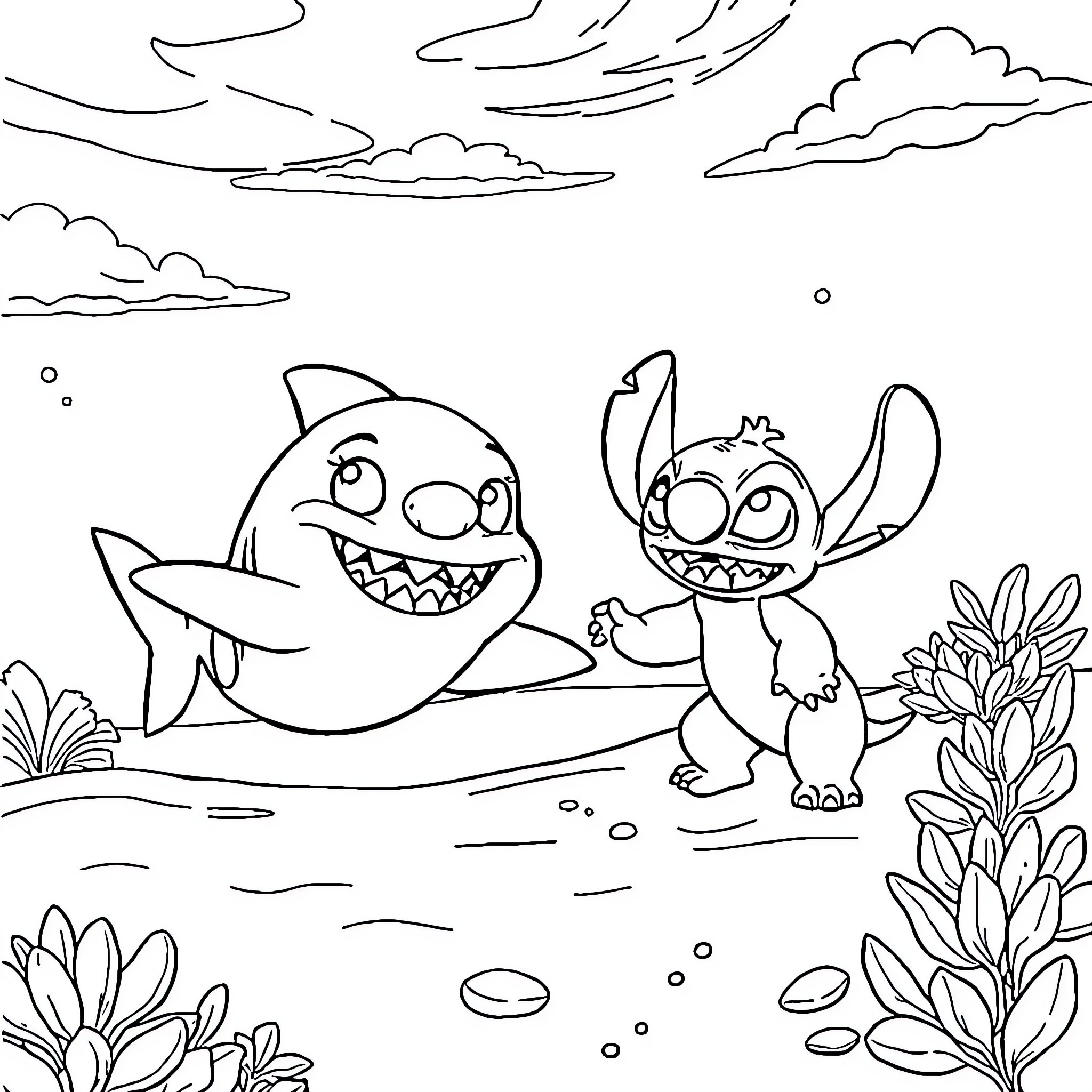 Shark and Stitch Explore the Underwater World Coloring Page (free black-and-white line drawing printable PDF for all, from beginners to advanced learners, including children, teens, adults, and seniors)