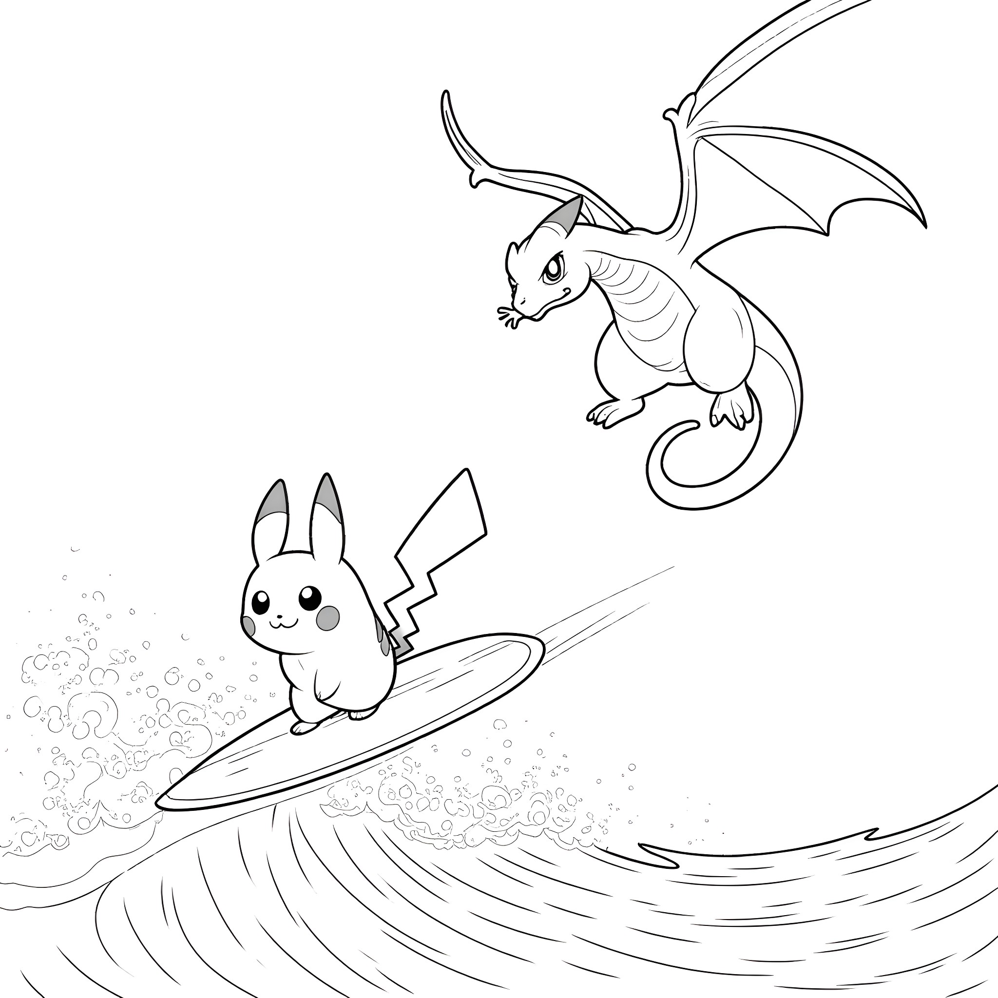 Pikachu surfing with a dragon Pokémon Coloring Page (free black-and-white line drawing printable PDF for all, from beginners to advanced learners, including children, teens, adults, and seniors)