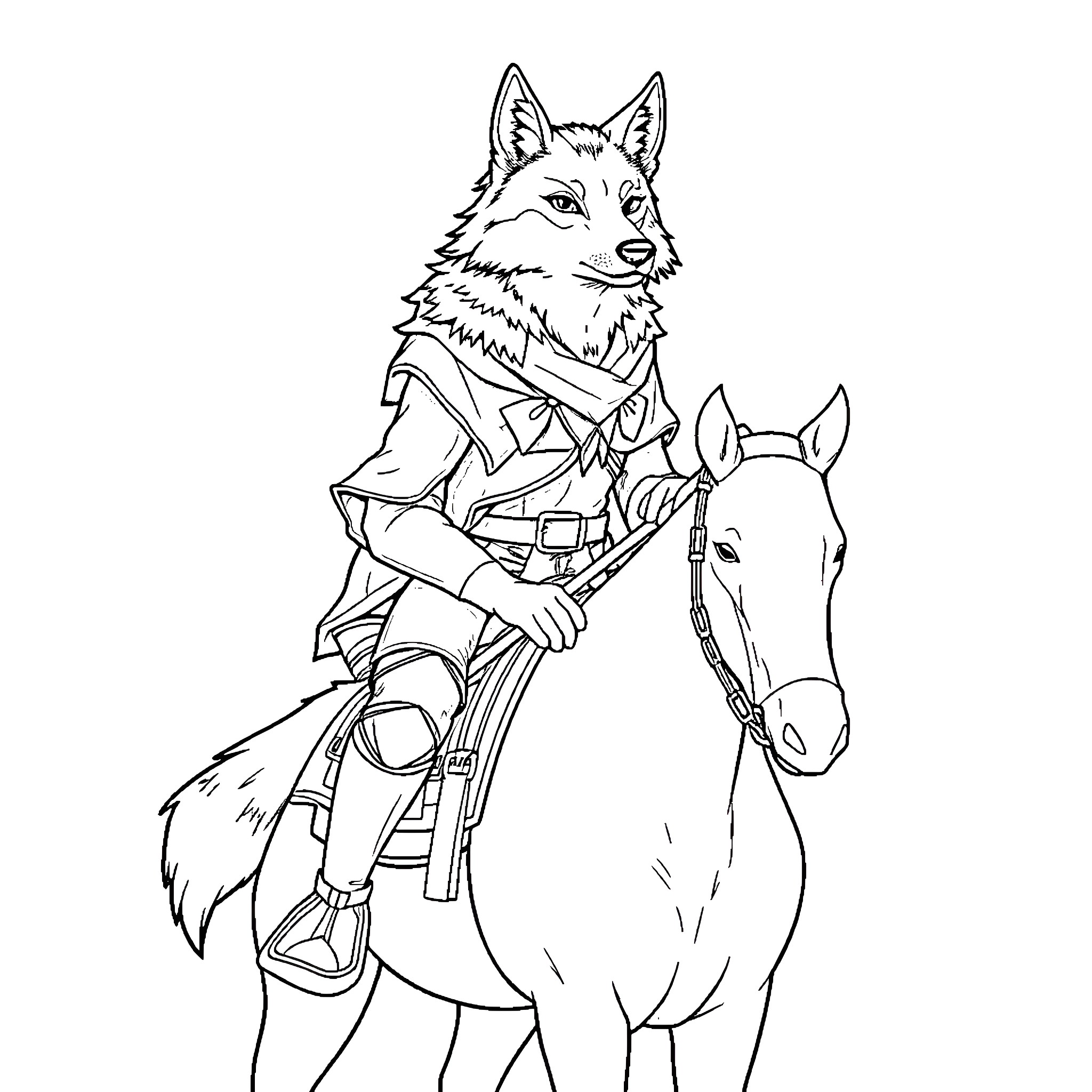 Wolf riding a horse in medieval attire Coloring Page (free black-and-white line drawing printable PDF for all, from beginners to advanced learners, including children, teens, adults, and seniors)