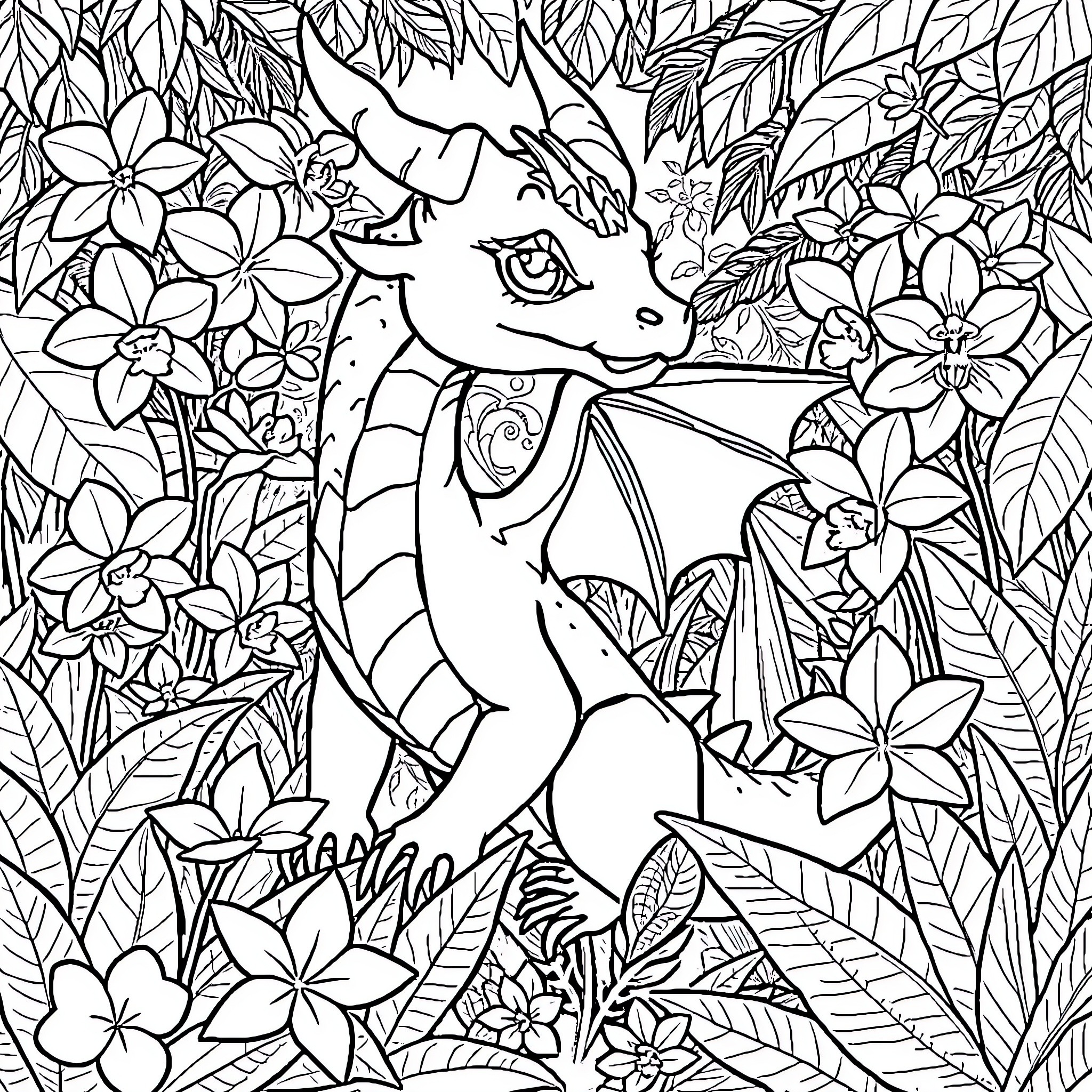 Dragon in Enchanted Floral Garden Coloring Page (free black-and-white line drawing printable PDF for all, from beginners to advanced learners, including children, teens, adults, and seniors)
