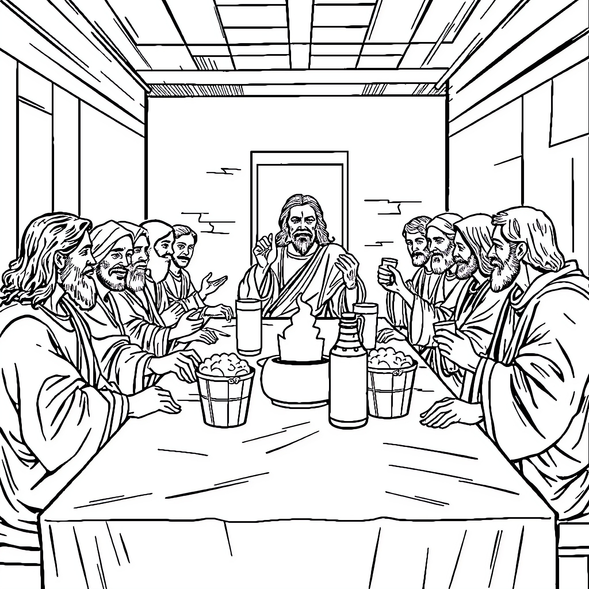 Last Supper - Disciples gathered around the table with Jesus Coloring Page (free black-and-white line drawing printable PDF for all, from beginners to advanced learners, including children, teens, adults, and seniors)