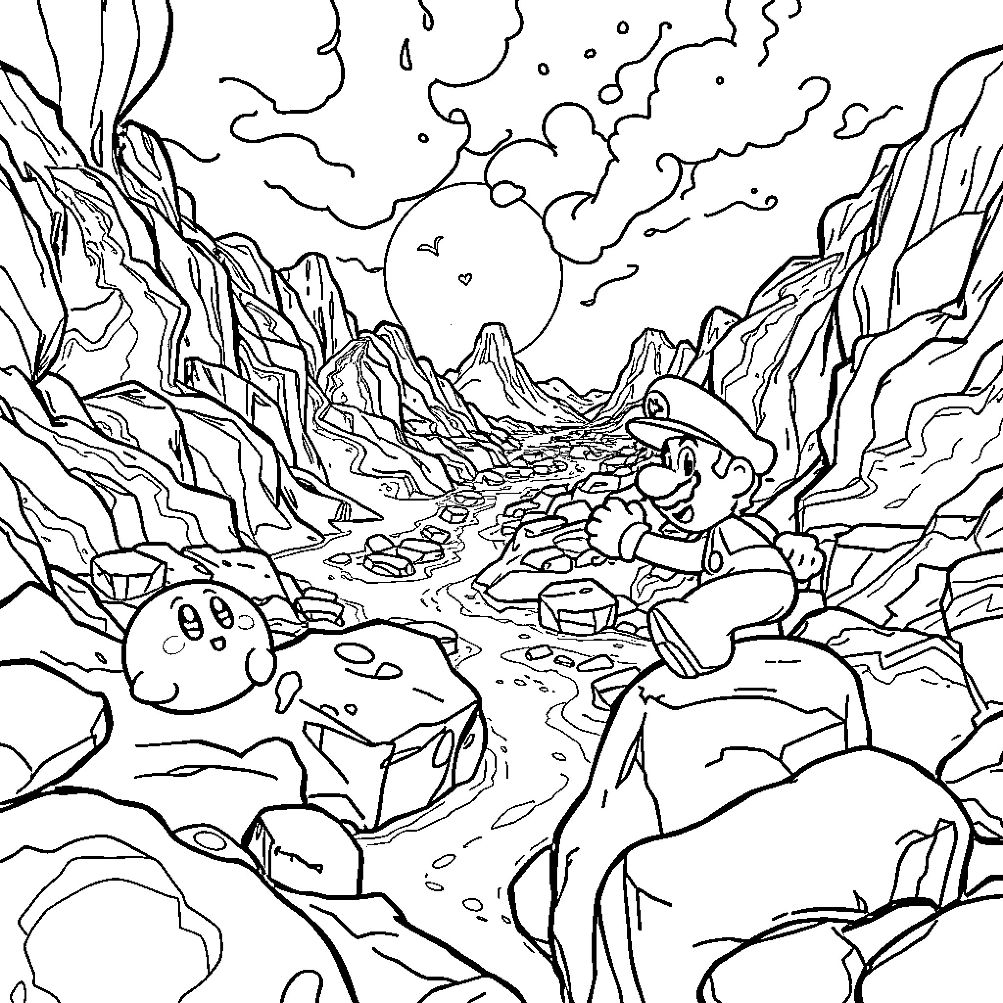 Kirby exploring a fantastical landscape Coloring Page (free black-and-white line drawing printable PDF for all, from beginners to advanced learners, including children, teens, adults, and seniors)