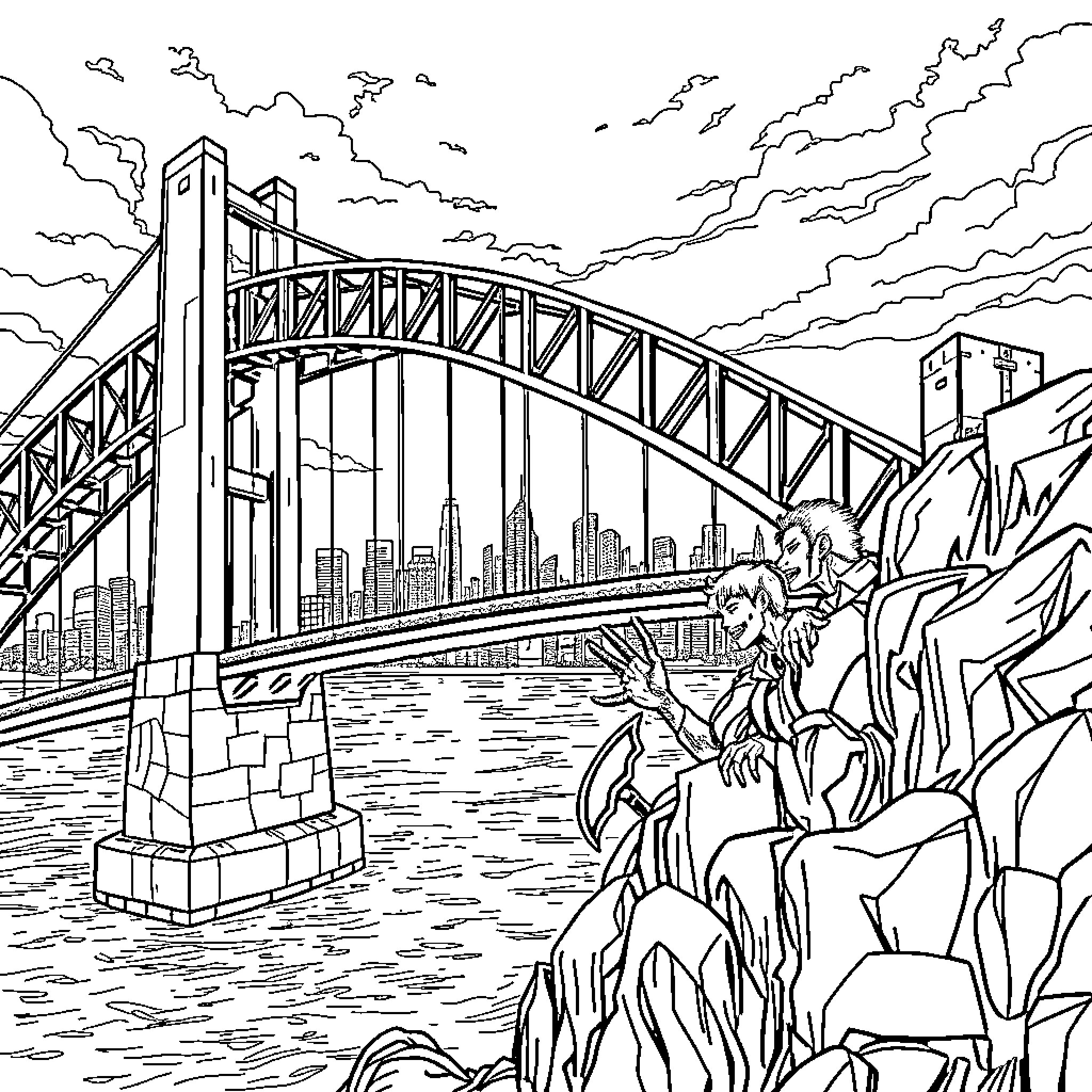 Demon Hunter on a Dangerous Cliffside Bridge Coloring Page (free black-and-white line drawing printable PDF for all, from beginners to advanced learners, including children, teens, adults, and seniors)
