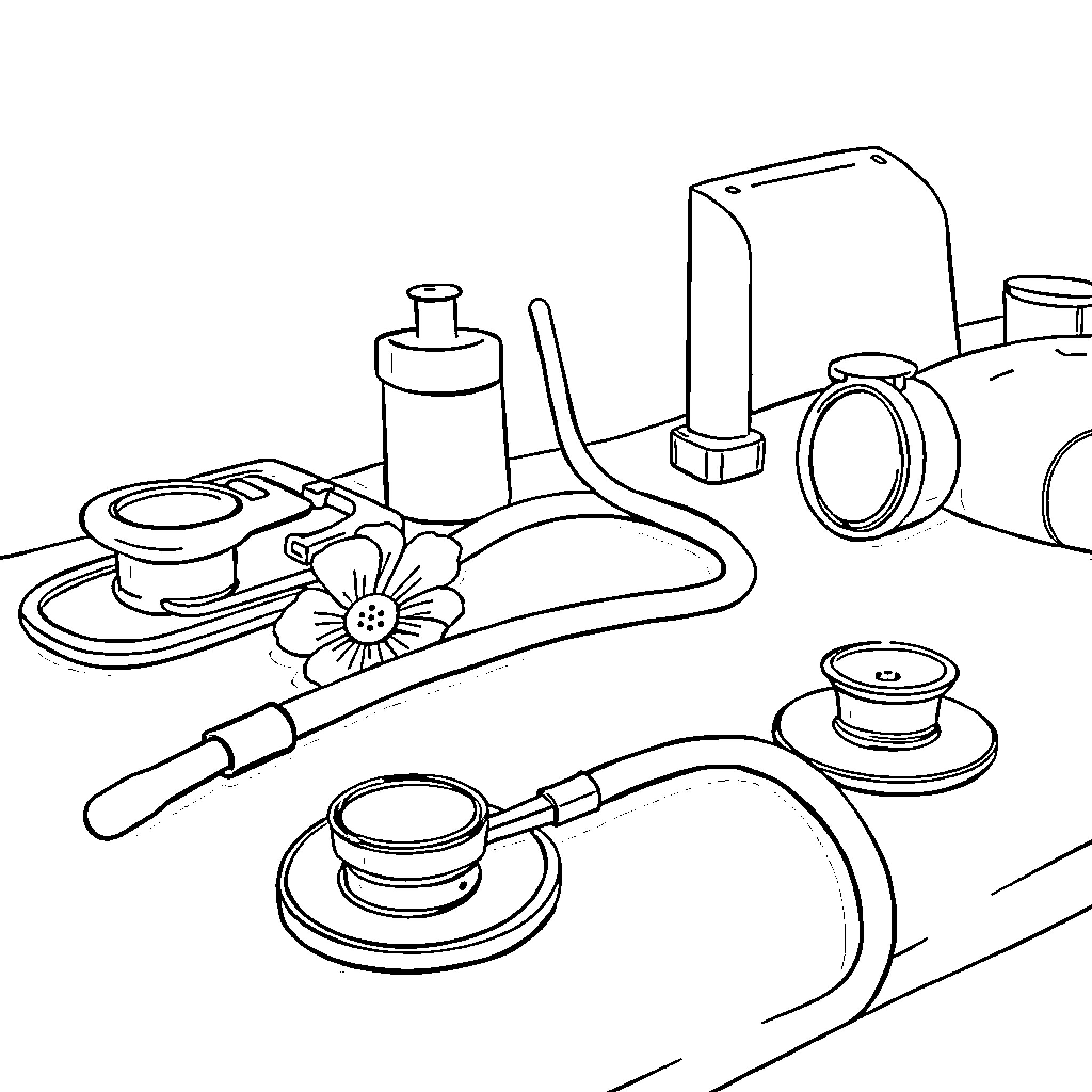 Stethoscope and Medical Instruments on Desk Coloring Page (free black-and-white line drawing printable PDF for all, from beginners to advanced learners, including children, teens, adults, and seniors)