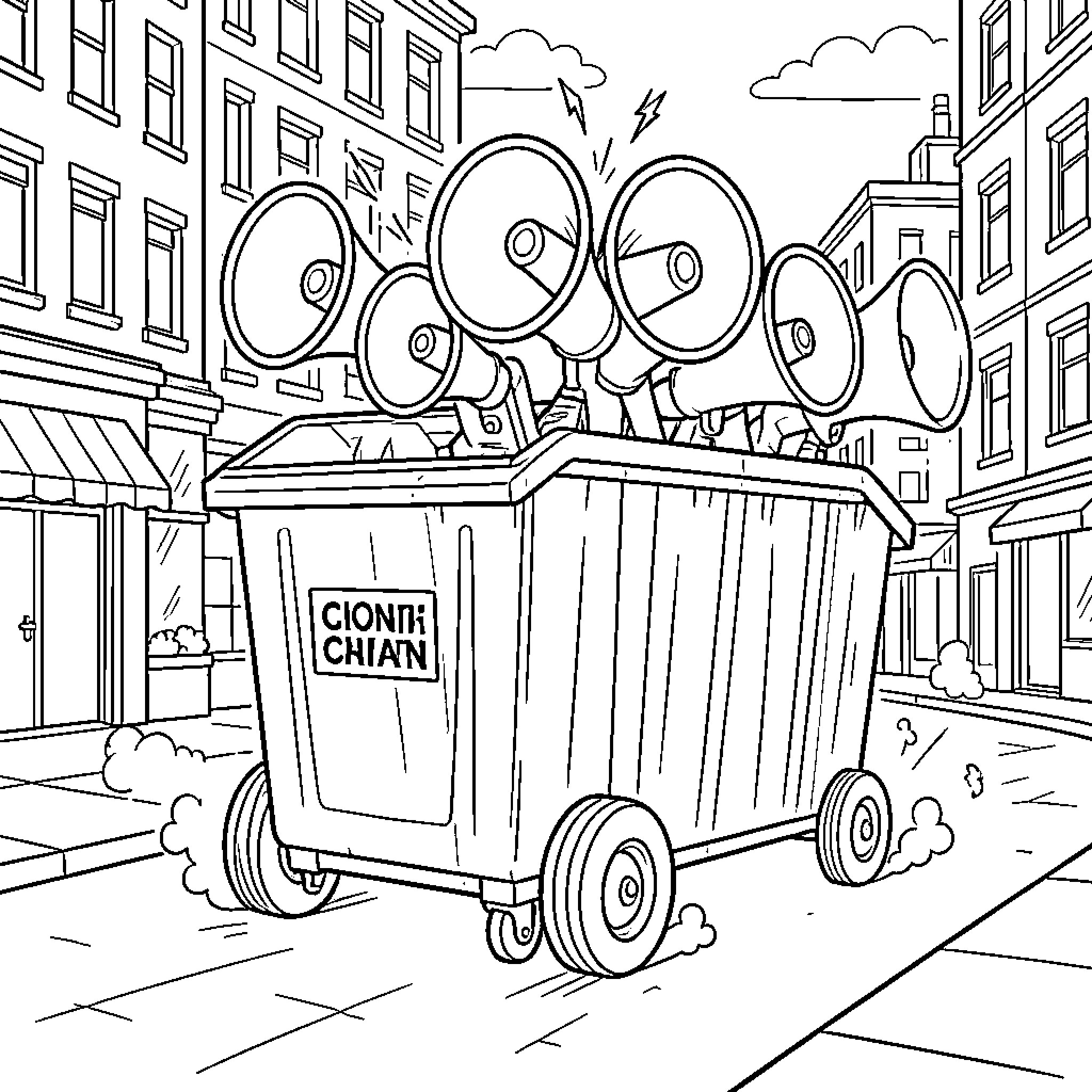 Camion filled with megaphones on city street Coloring Page (free black-and-white line drawing printable PDF for all, from beginners to advanced learners, including children, teens, adults, and seniors)