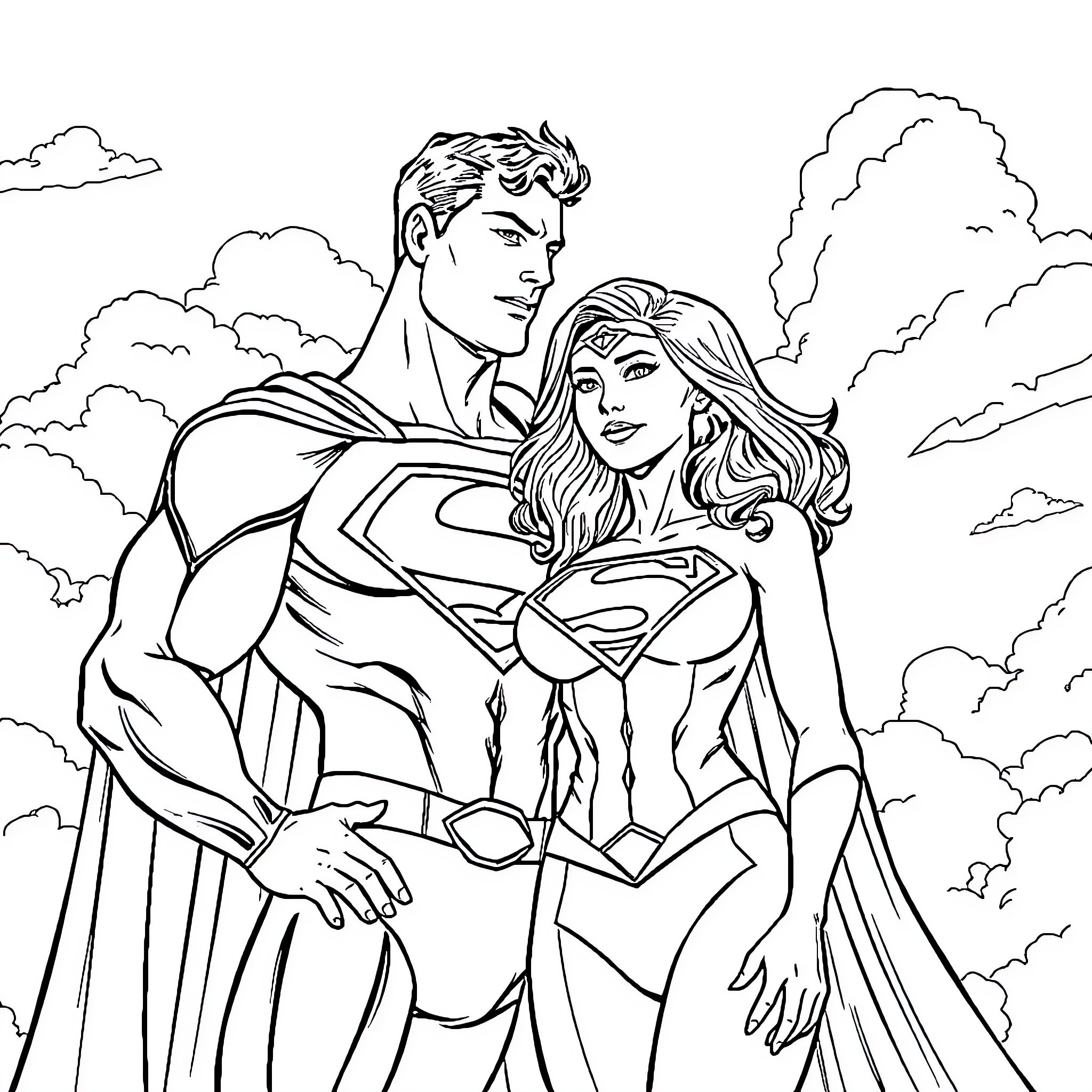 Superman and Superwoman in heroic embrace Coloring Page (free black-and-white line drawing printable PDF for all, from beginners to advanced learners, including children, teens, adults, and seniors)