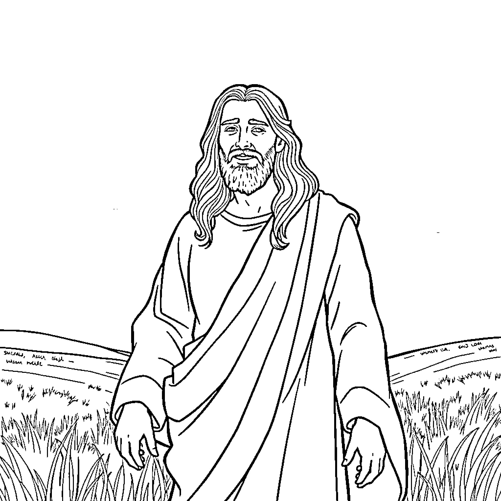 Jesus teaching with compassion in the field Coloring Page (free black-and-white line drawing printable PDF for all, from beginners to advanced learners, including children, teens, adults, and seniors)