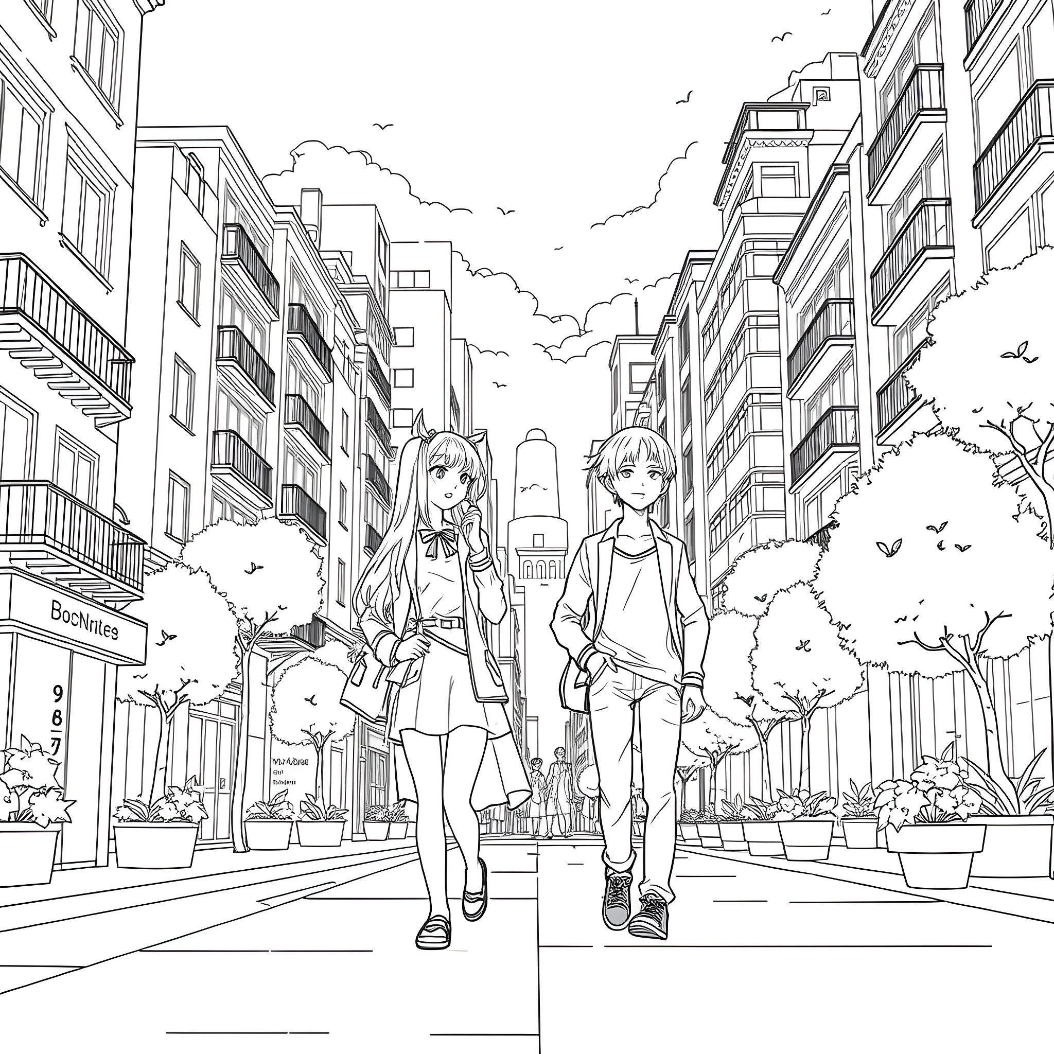 Anime duo strolling through the urban cityscape Coloring Page (free black-and-white line drawing printable PDF for all, from beginners to advanced learners, including children, teens, adults, and seniors)