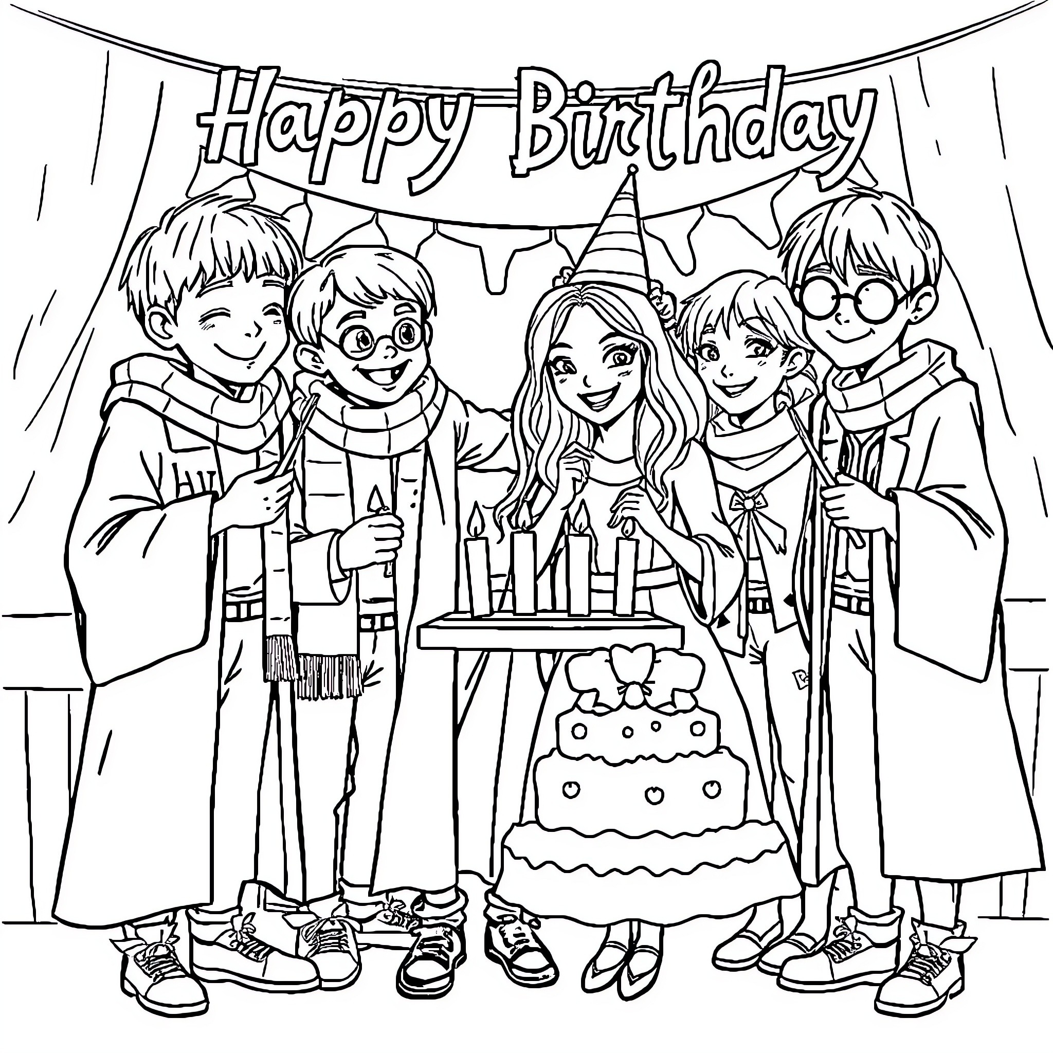 Ana Pau's Birthday Party with Friends Coloring Page (free black-and-white line drawing printable PDF for all, from beginners to advanced learners, including children, teens, adults, and seniors)