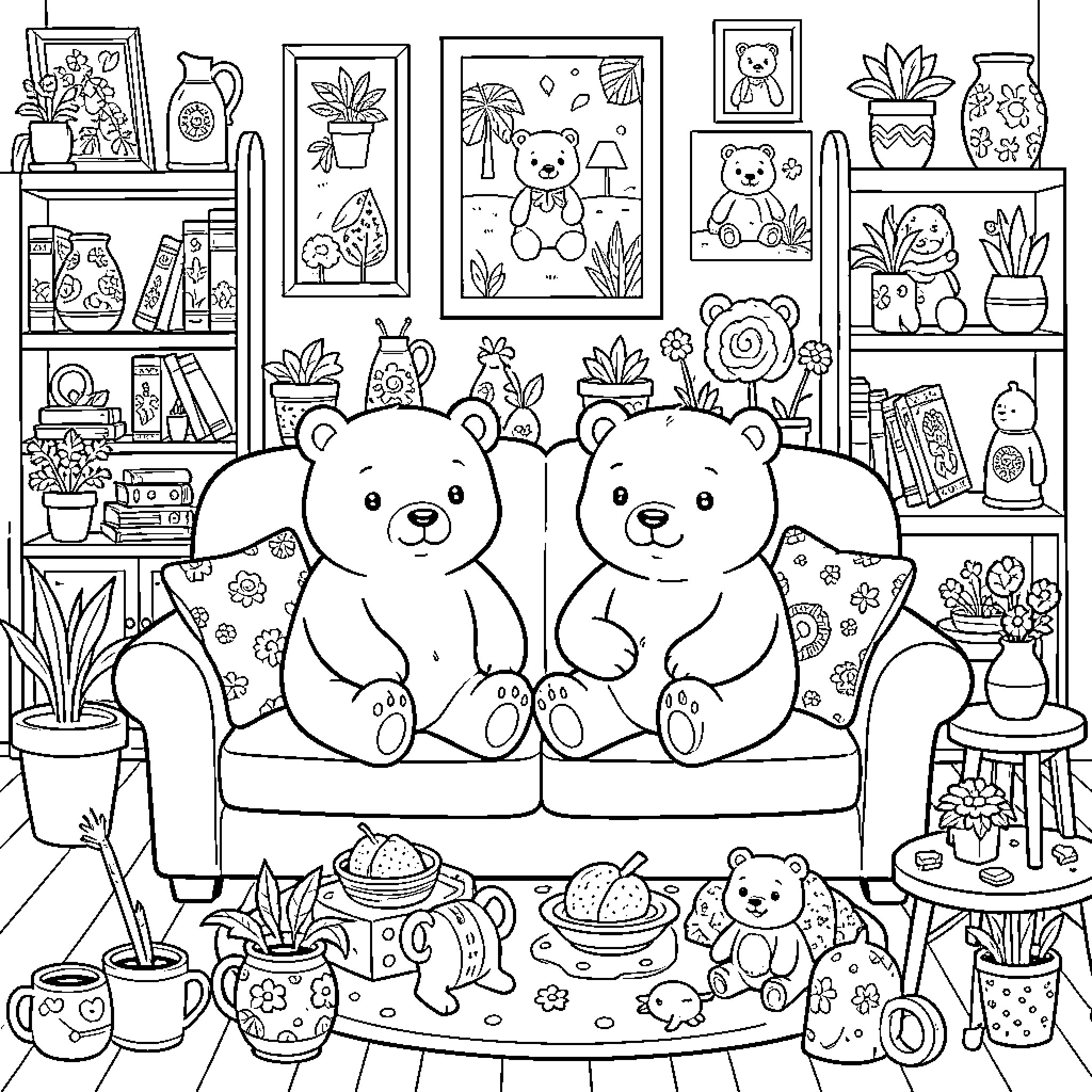Oso Bears Enjoying Cozy Home Environment Coloring Page (free black-and-white line drawing printable PDF for all, from beginners to advanced learners, including children, teens, adults, and seniors)