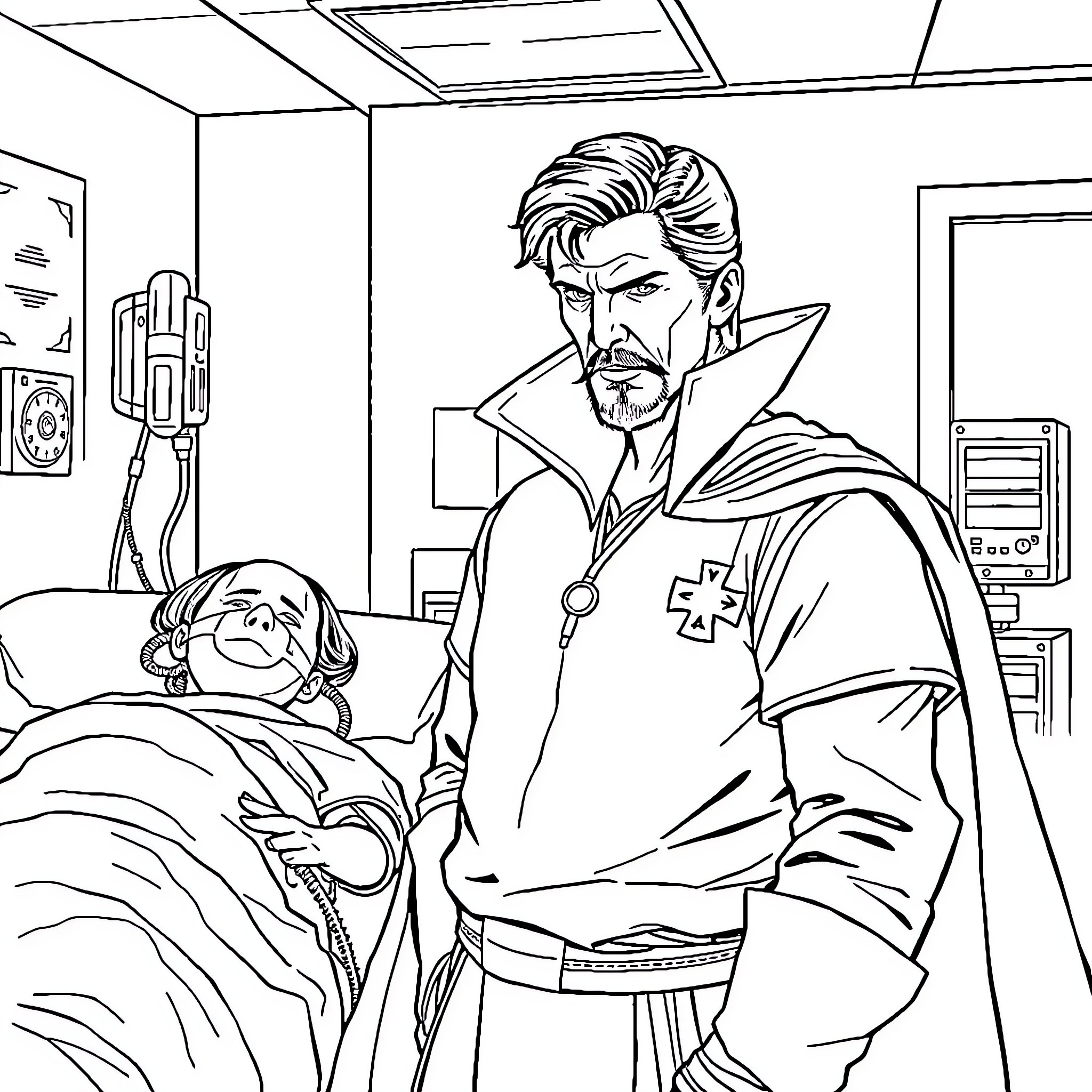 Doctor Strange attending to a patient in a medical setting Coloring Page (free black-and-white line drawing printable PDF for all, from beginners to advanced learners, including children, teens, adults, and seniors)