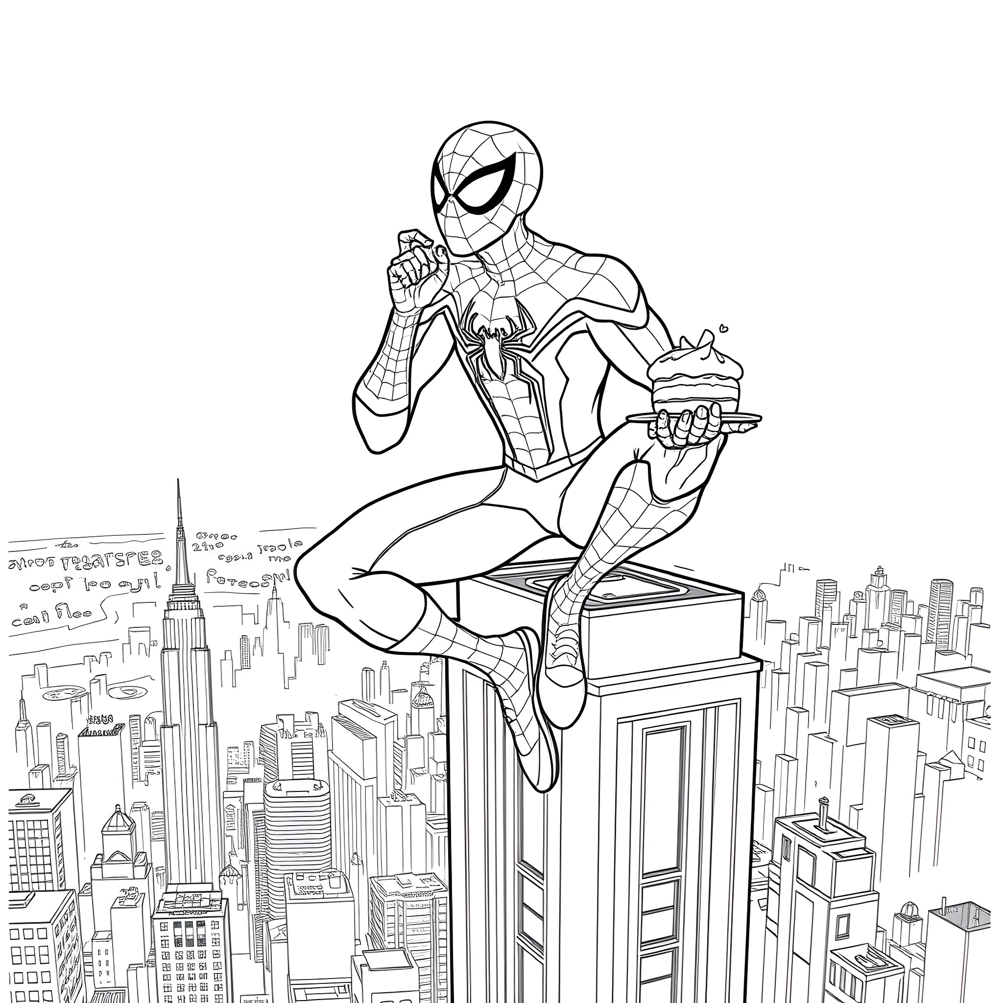 Spider-Man swinging and jumping across the city skyline Coloring Page (free black-and-white line drawing printable PDF for all, from beginners to advanced learners, including children, teens, adults, and seniors)