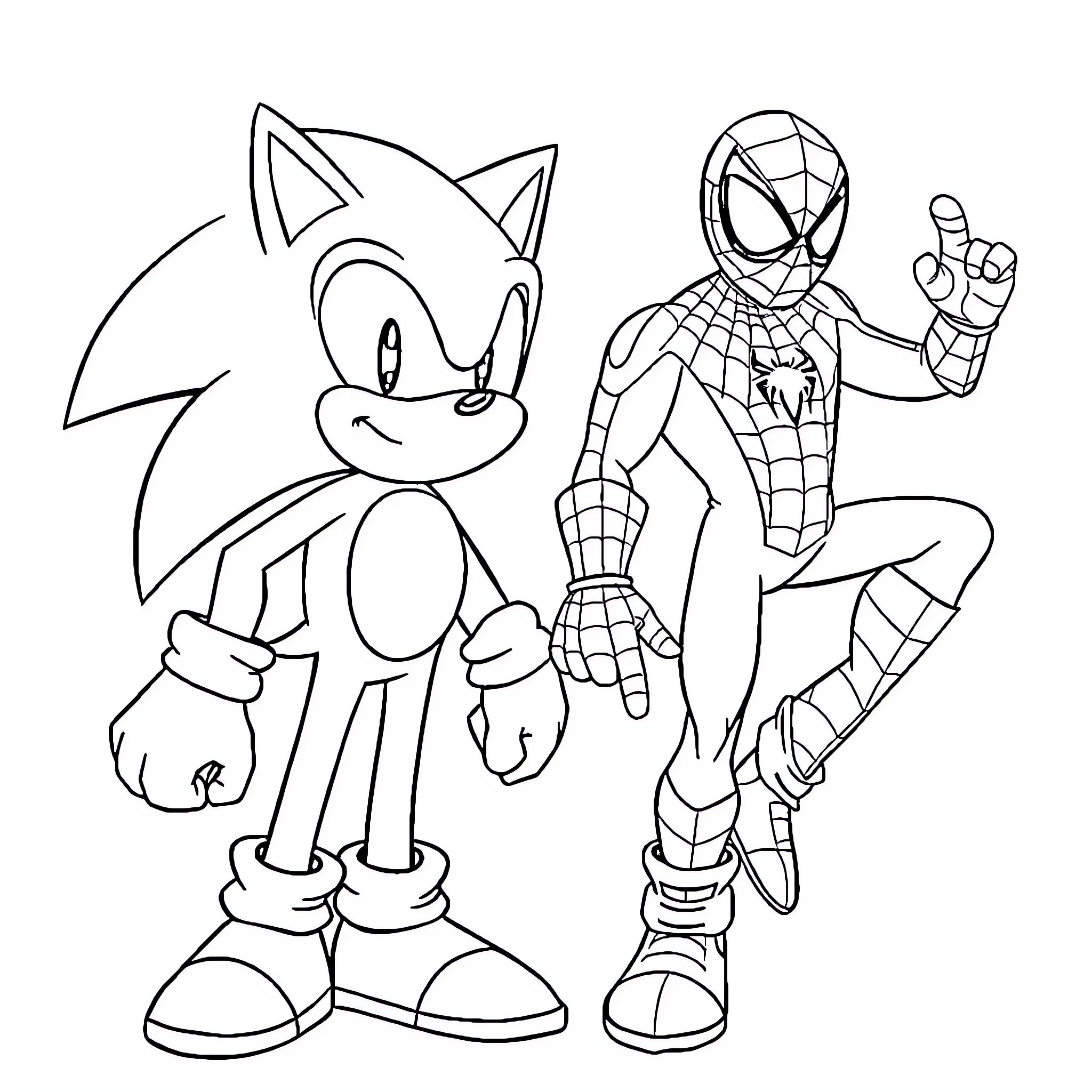 Sonic and Spider-Man in action poses Coloring Page (free black-and-white line drawing printable PDF for all, from beginners to advanced learners, including children, teens, adults, and seniors)