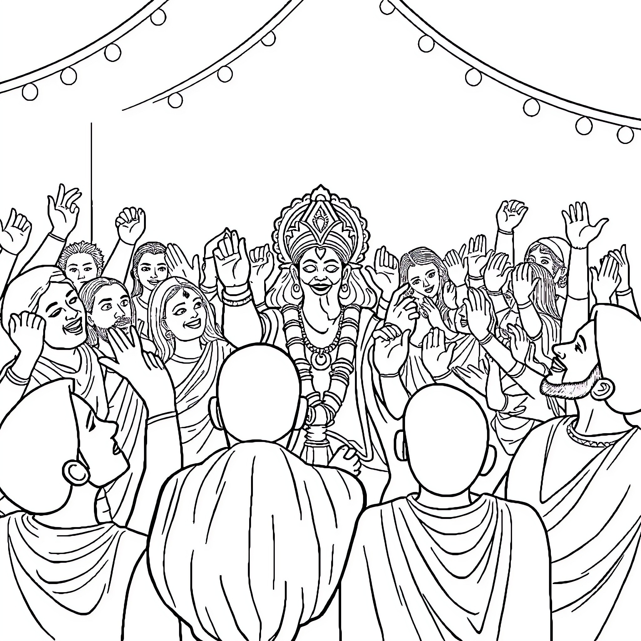 Jai Shree Ram: Vibrant celebration with joyful devotees Coloring Page (free black-and-white line drawing printable PDF for all, from beginners to advanced learners, including children, teens, adults, and seniors)