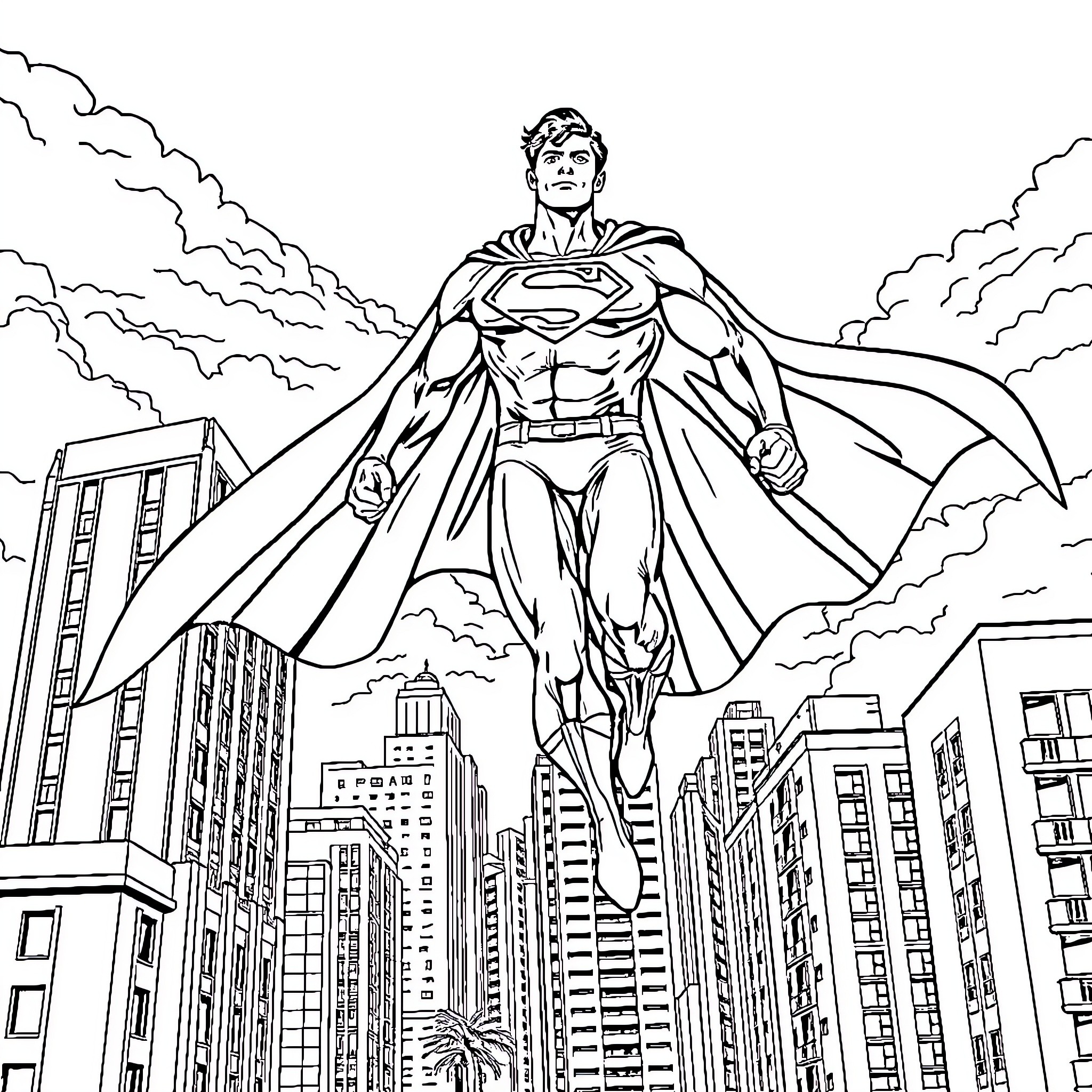 Superman soaring over the city skyline Coloring Page (free black-and-white line drawing printable PDF for all, from beginners to advanced learners, including children, teens, adults, and seniors)