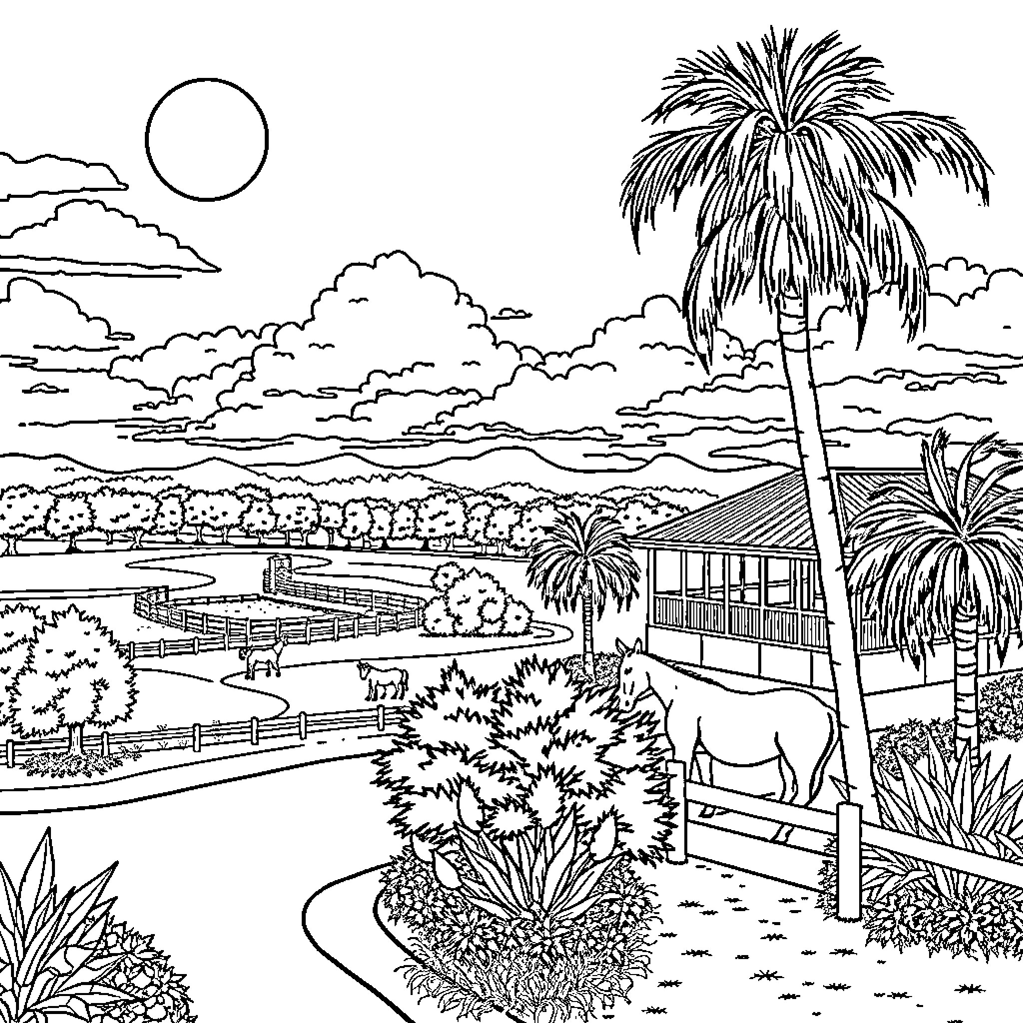 Ocala's Tropical Landscape with Wildlife Coloring Page (free black-and-white line drawing printable PDF for all, from beginners to advanced learners, including children, teens, adults, and seniors)