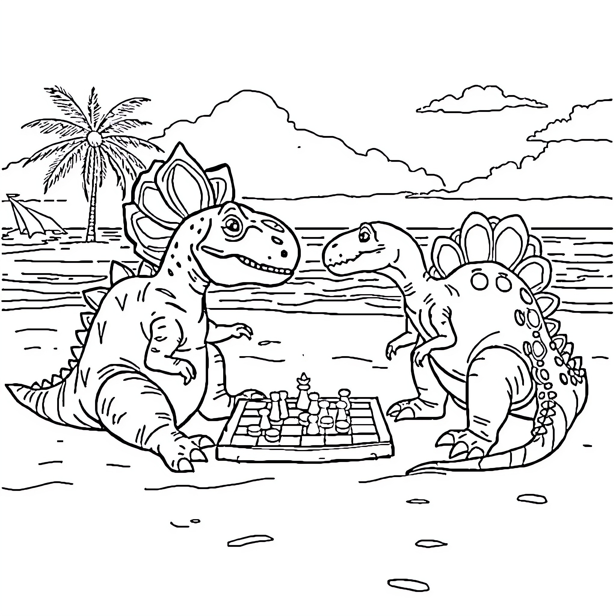 Nodosaurus Playing Chess on the Beach Coloring Page (free black-and-white line drawing printable PDF for all, from beginners to advanced learners, including children, teens, adults, and seniors)