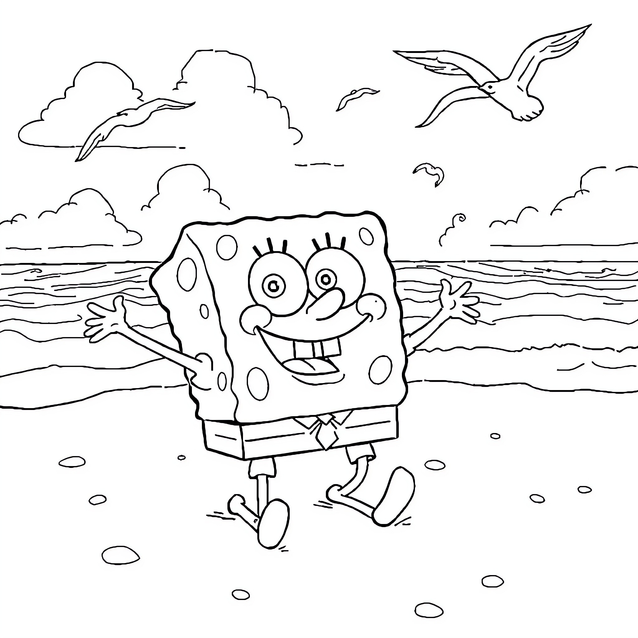 Spongebob joyfully waving on the beach Coloring Page (free black-and-white line drawing printable PDF for all, from beginners to advanced learners, including children, teens, adults, and seniors)