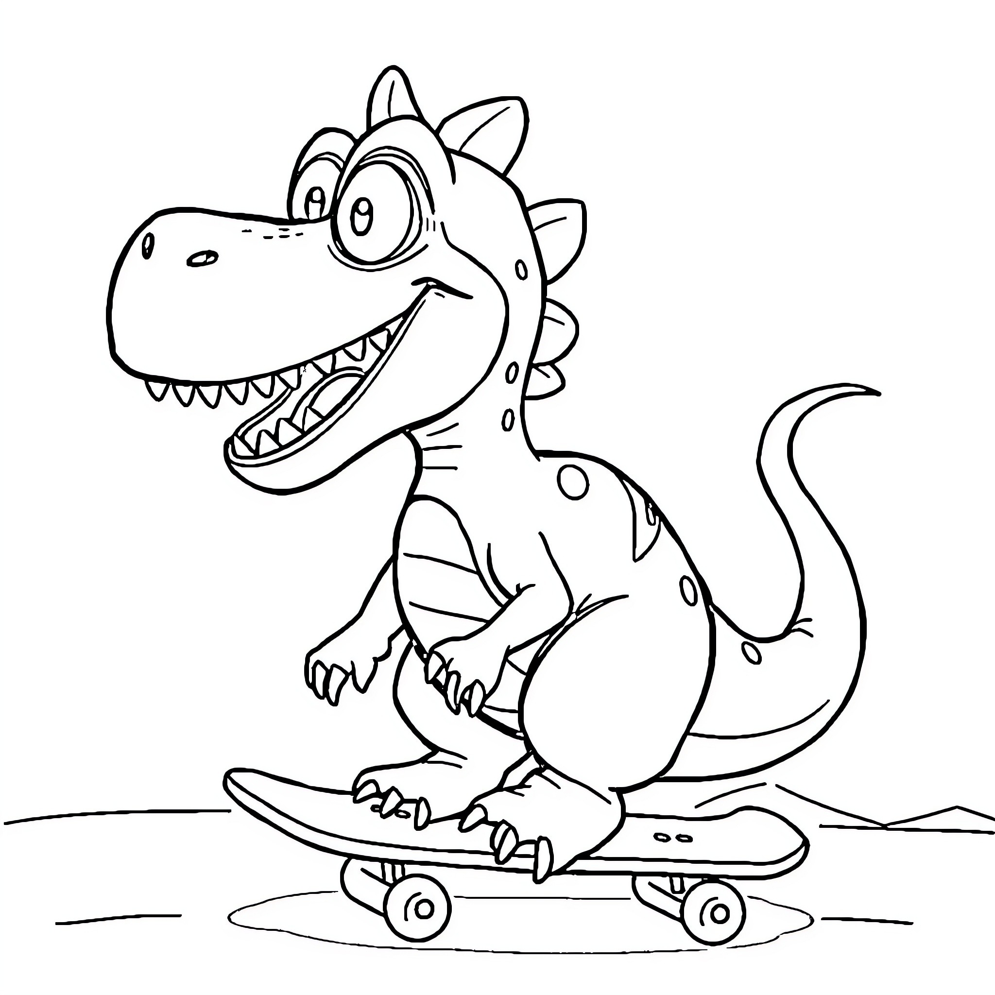 Dinosaur riding a skateboard happily Coloring Page (free black-and-white line drawing printable PDF for all, from beginners to advanced learners, including children, teens, adults, and seniors)