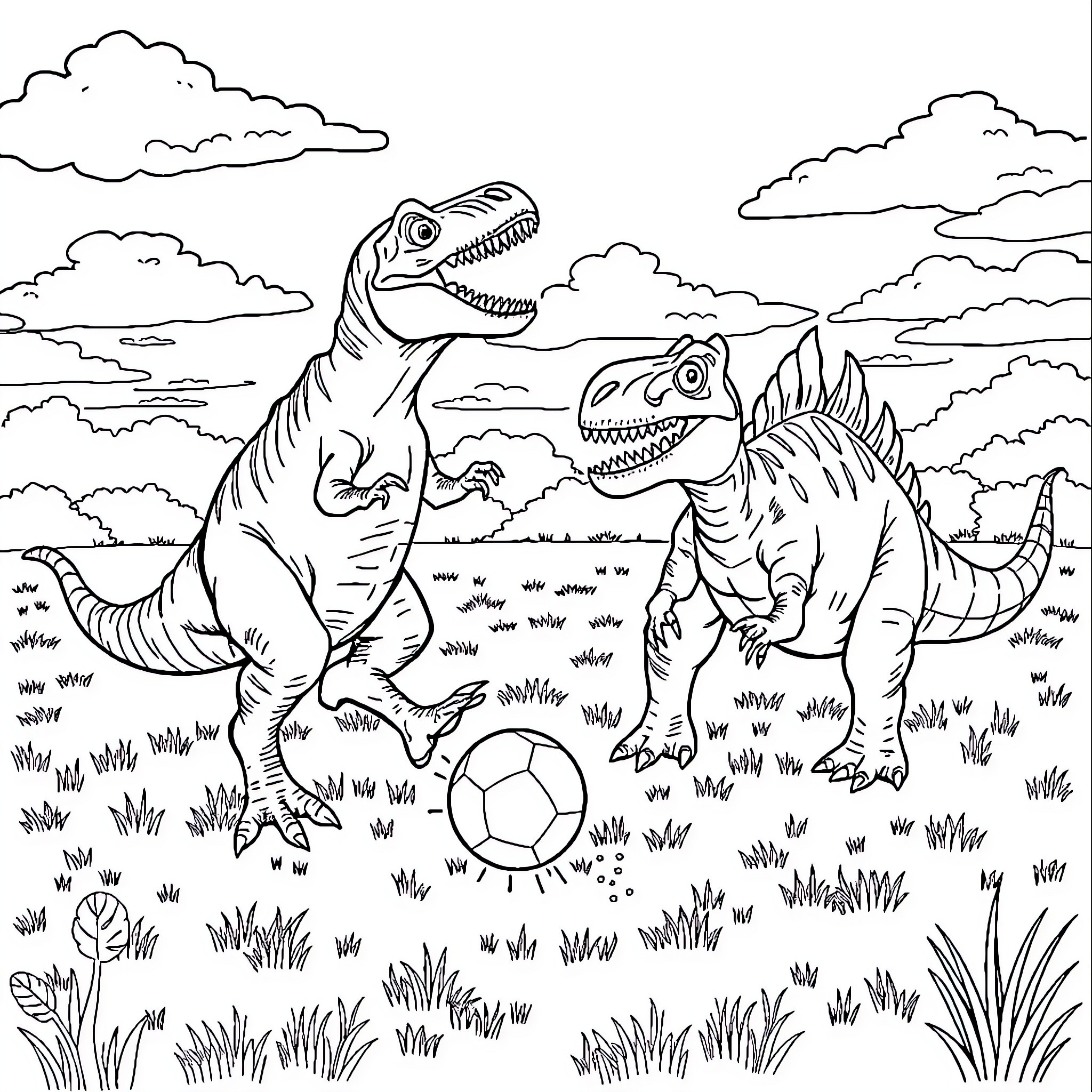 T-Rex Dinosaurs Playing with Ball in Grassy Field Coloring Page (free black-and-white line drawing printable PDF for all, from beginners to advanced learners, including children, teens, adults, and seniors)