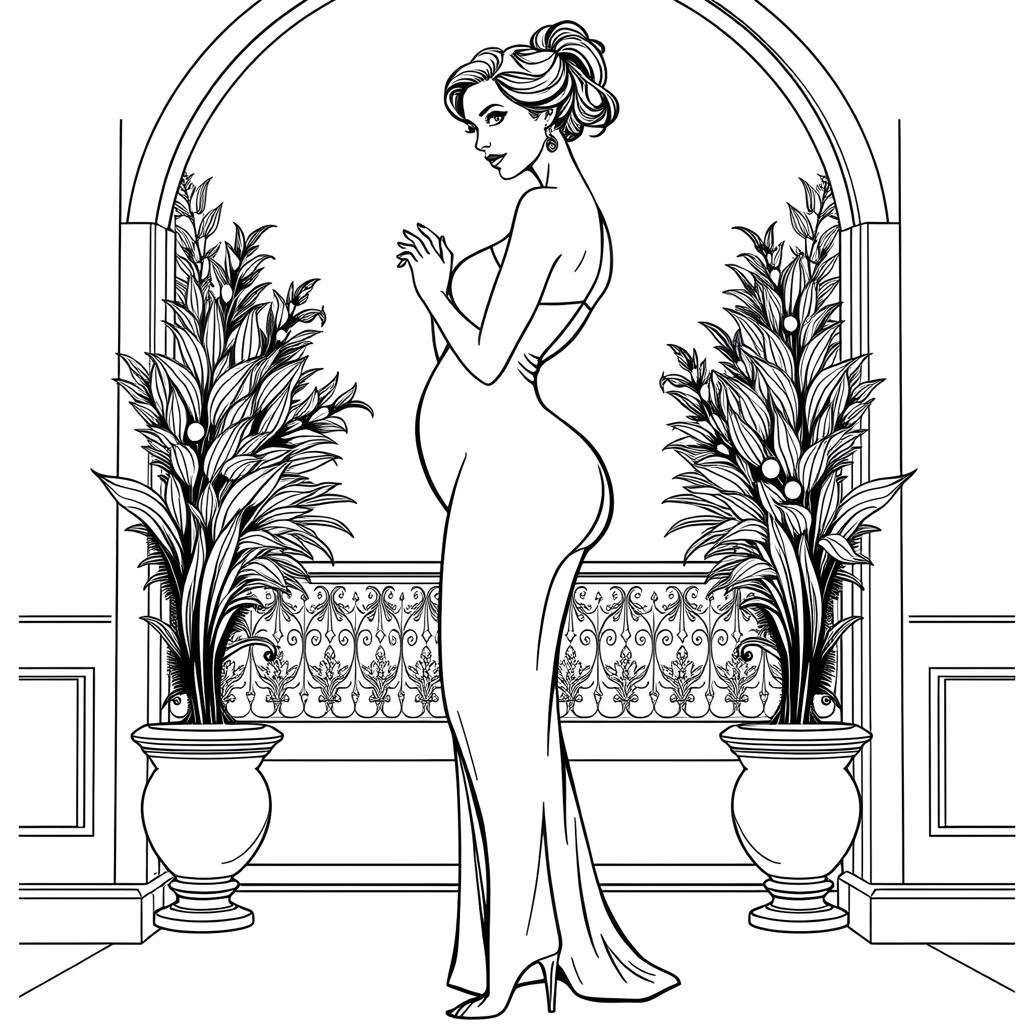 Woman in elegant dress standing on balcony Coloring Page (free black-and-white line drawing printable PDF for all, from beginners to advanced learners, including children, teens, adults, and seniors)