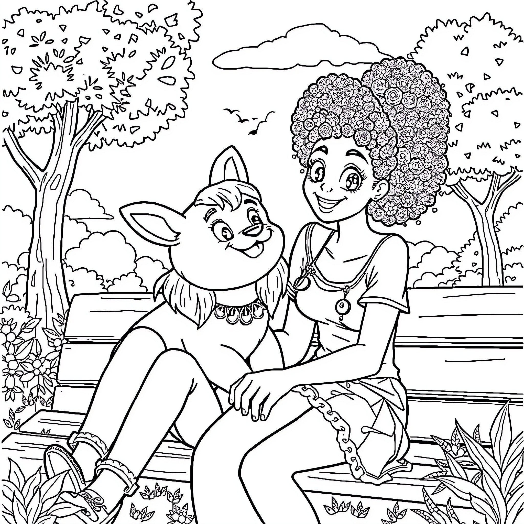 Friend's playful encounter with furry companion in nature Coloring Page (free black-and-white line drawing printable PDF for all, from beginners to advanced learners, including children, teens, adults, and seniors)