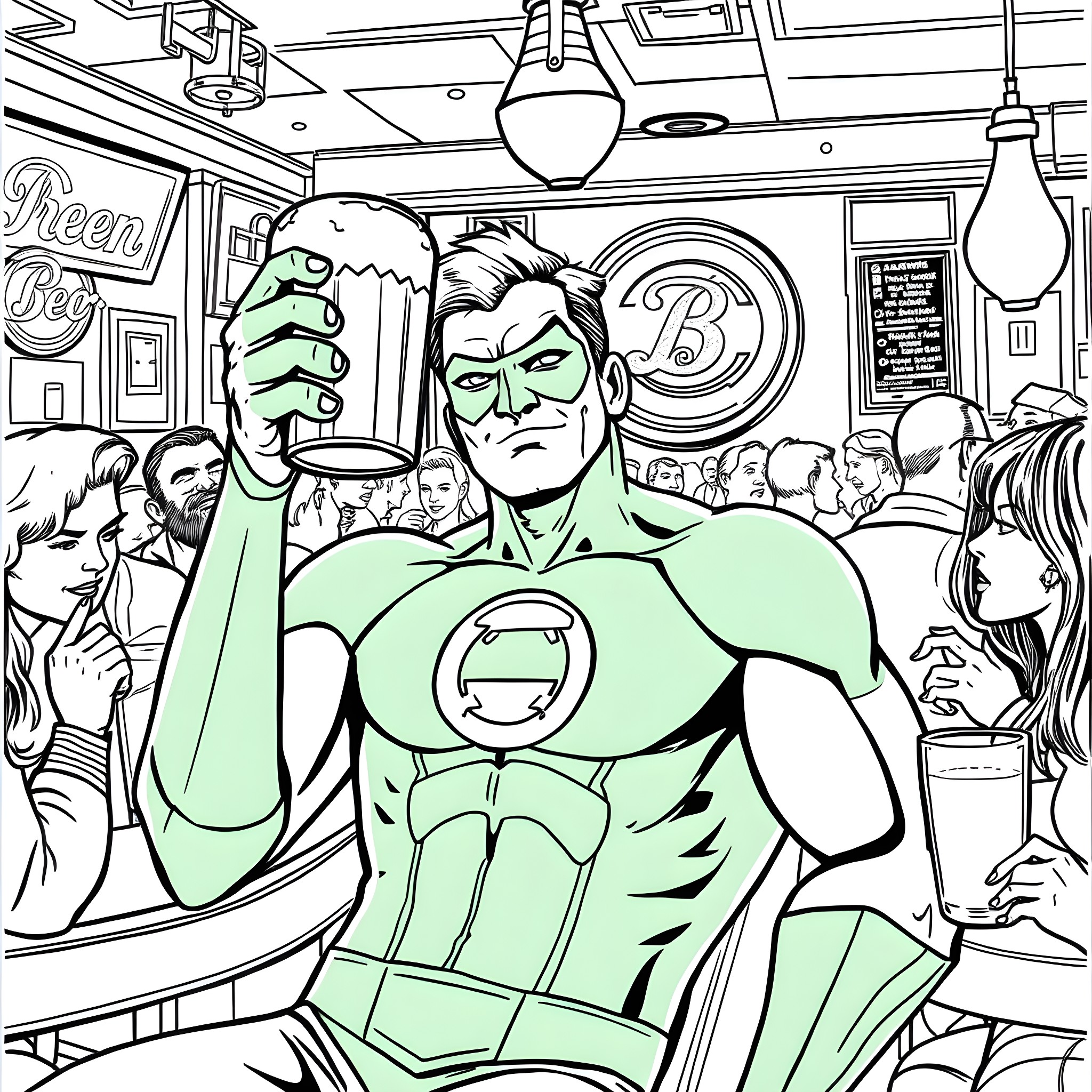 Green Lantern Heroic Appearance in Bustling Diner Coloring Page (free black-and-white line drawing printable PDF for all, from beginners to advanced learners, including children, teens, adults, and seniors)